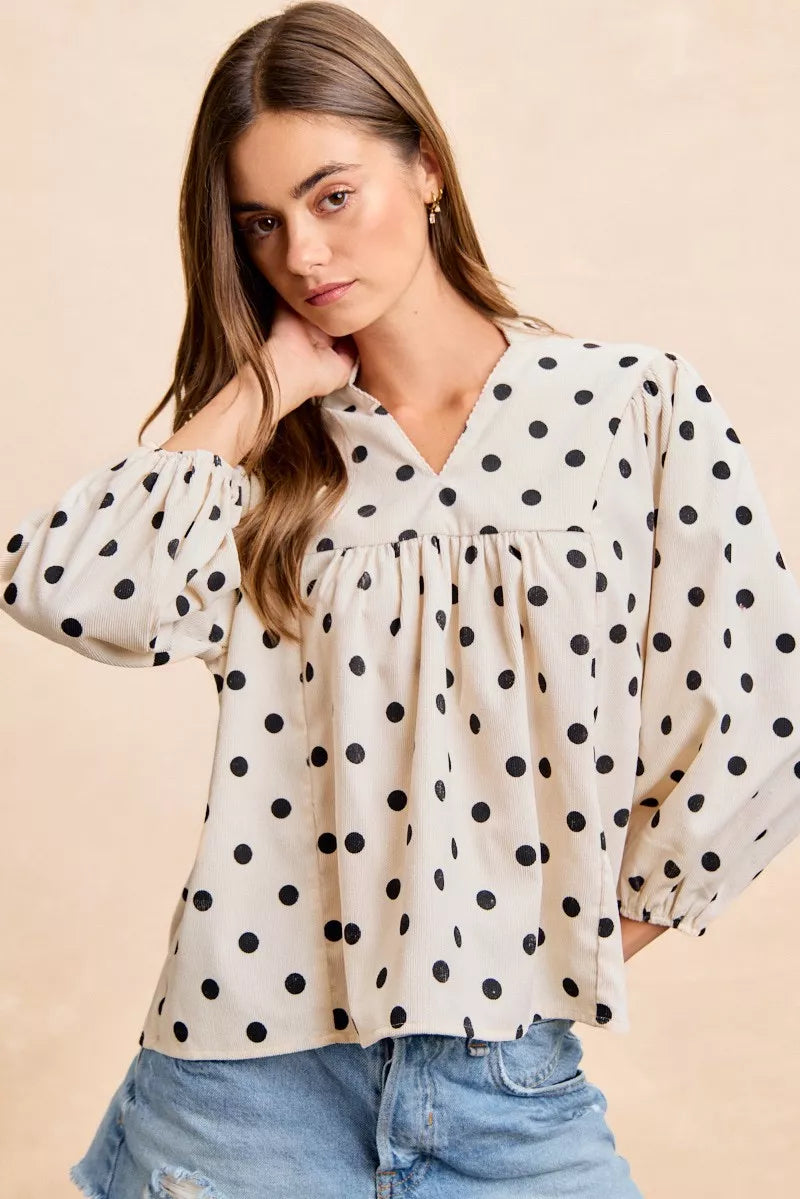 BiBi Polka Dot Corduroy Quarter Sleeves V Neck Blouse 52846d93326142c98a6c35754baa3ff7-Max-Origin