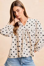 BiBi Polka Dot Corduroy Quarter Sleeves V Neck Blouse 52846d93326142c98a6c35754baa3ff7-Max-Origin