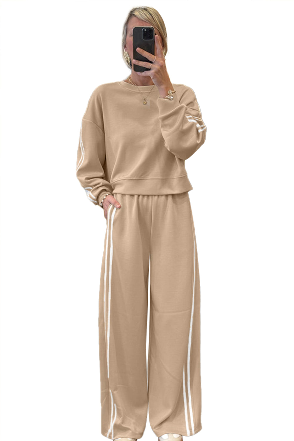 Dirty Blue Varsity Striped Detail Cropped Pullover Wide Leg Pants 2pcs Outfit Oatmeal 65%Polyester+35%Cotton 528488abccc0d909