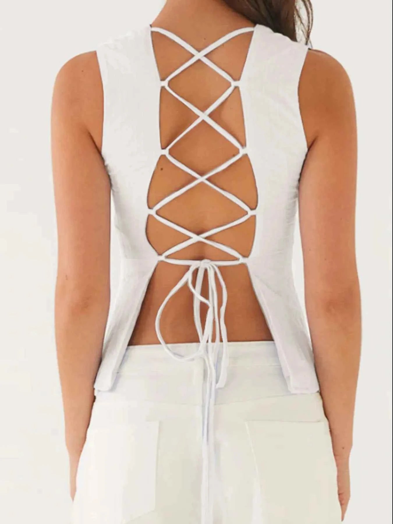 Back Lace Up Sleeveless Top with Cinched Waist Design 52859a88-8e0f-4fc5-9eb0-9a2ff0cdfa7d-Max-Origin