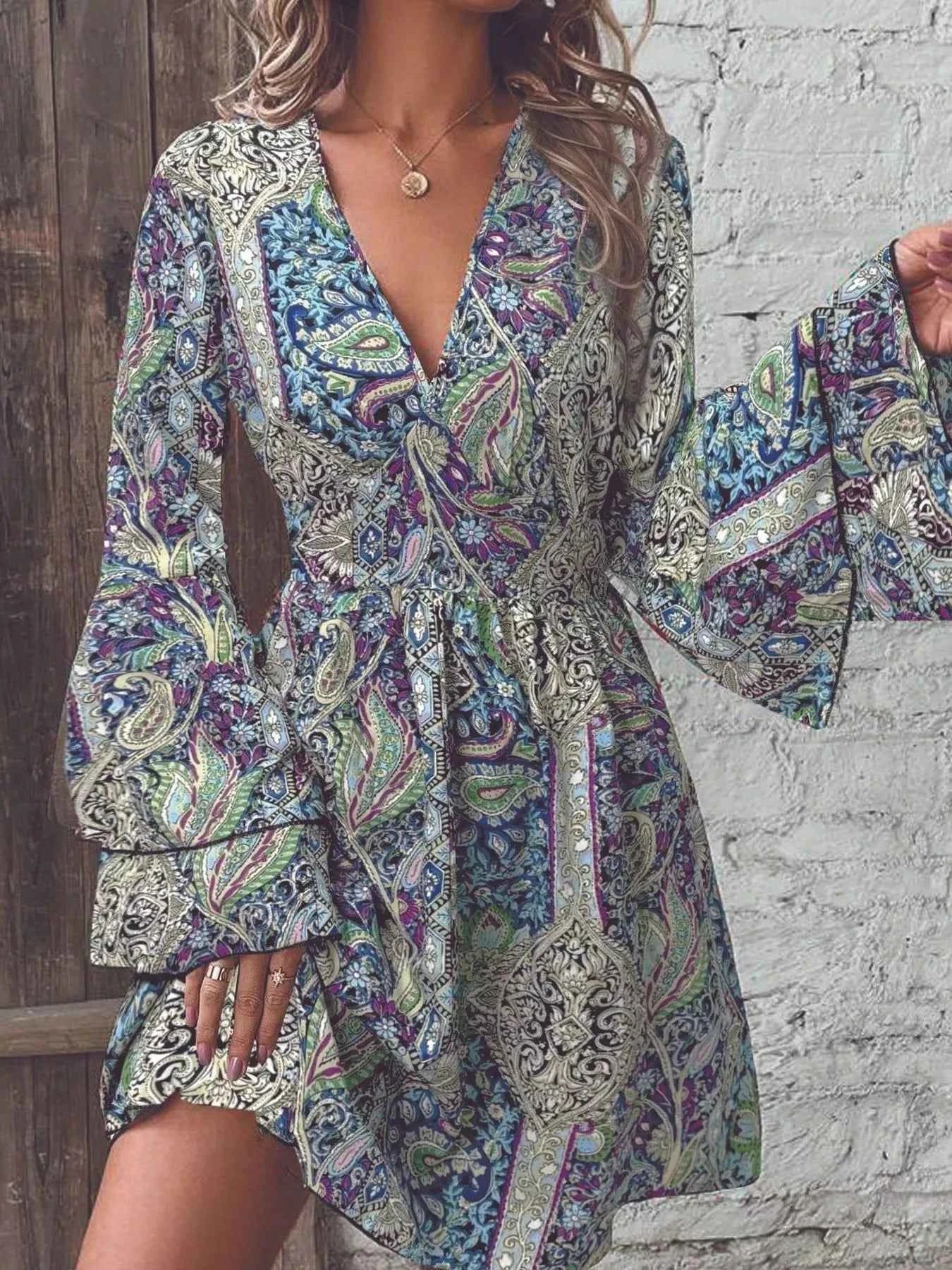 Paisley Print V-Neck Flounce Sleeve Dress Peacock Blue 528d0812-9212-4d99-a927-030d16a3f0ae-Max-Origin