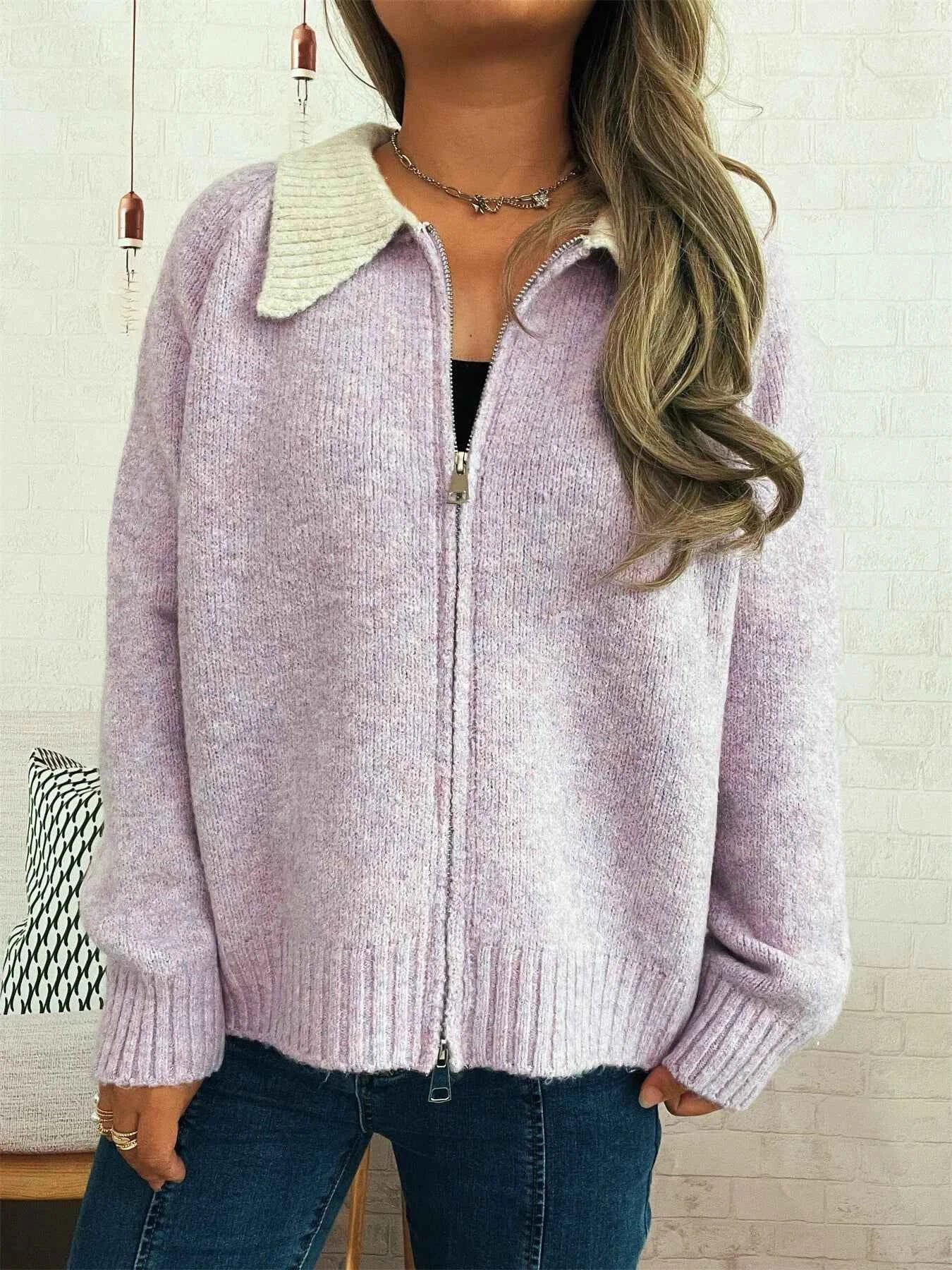 Contrast Collar Zip-Up Cardigan 528d1c47473242e5bd150ae74e022dba-Max-Origin