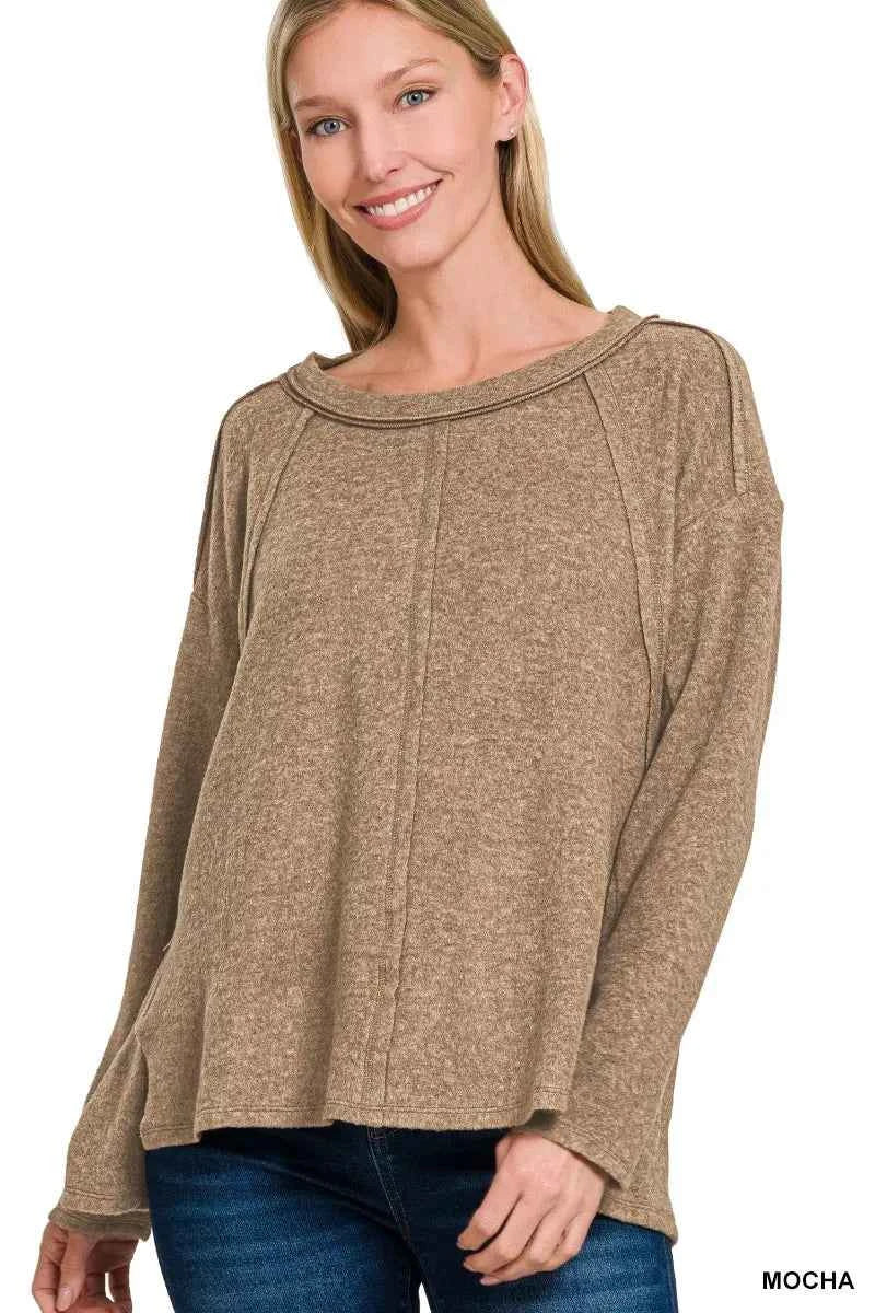 Zenana Brushed Hacci Exposed Seam Hi Low Sweater MOCHA 52907e1acb4c4cb188f92e83411cfb7c-Max-Origin