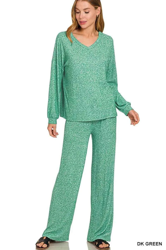 Zenana Soft Melange Long Sleeve Tee & Pants Set DK GREEN 5294443f26064949b4f6371d33a1ef04-Max-Origin