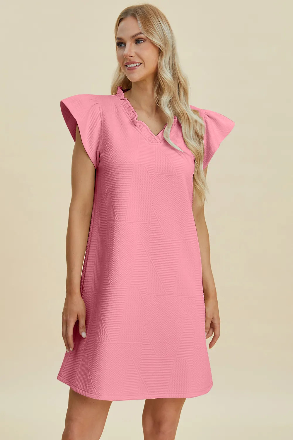 Double Take Full Size Ruffled V-Neck Cap Sleeve Dress 5295cc80-959f-4733-b684-5a14b7f0ee79-Max