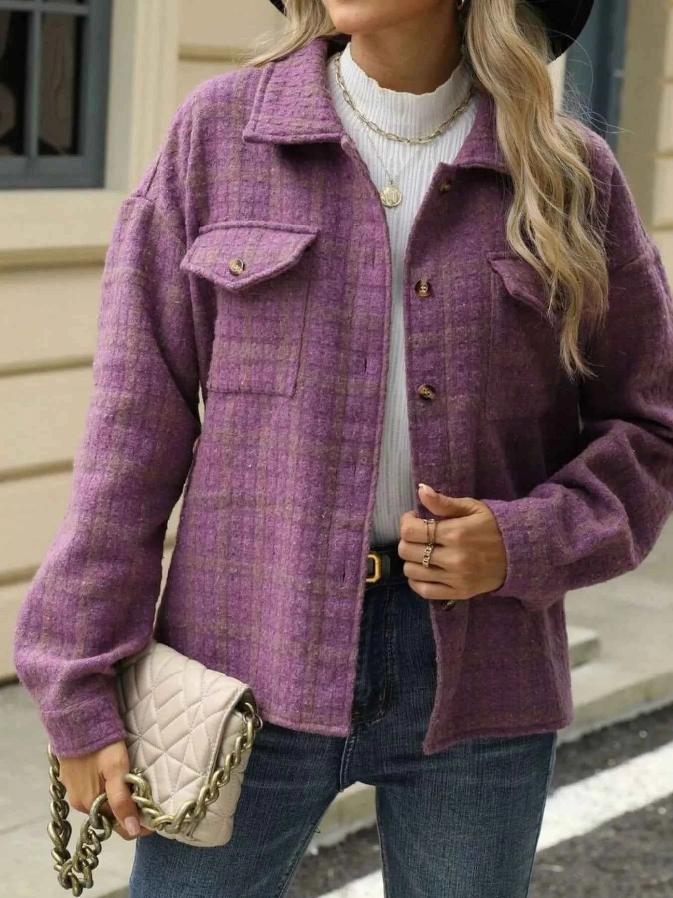 Plaid Button Up Long Sleeve Jacket Purple 5297f767-27a7-4119-bb87-6266764e2f1b-Max-Origin