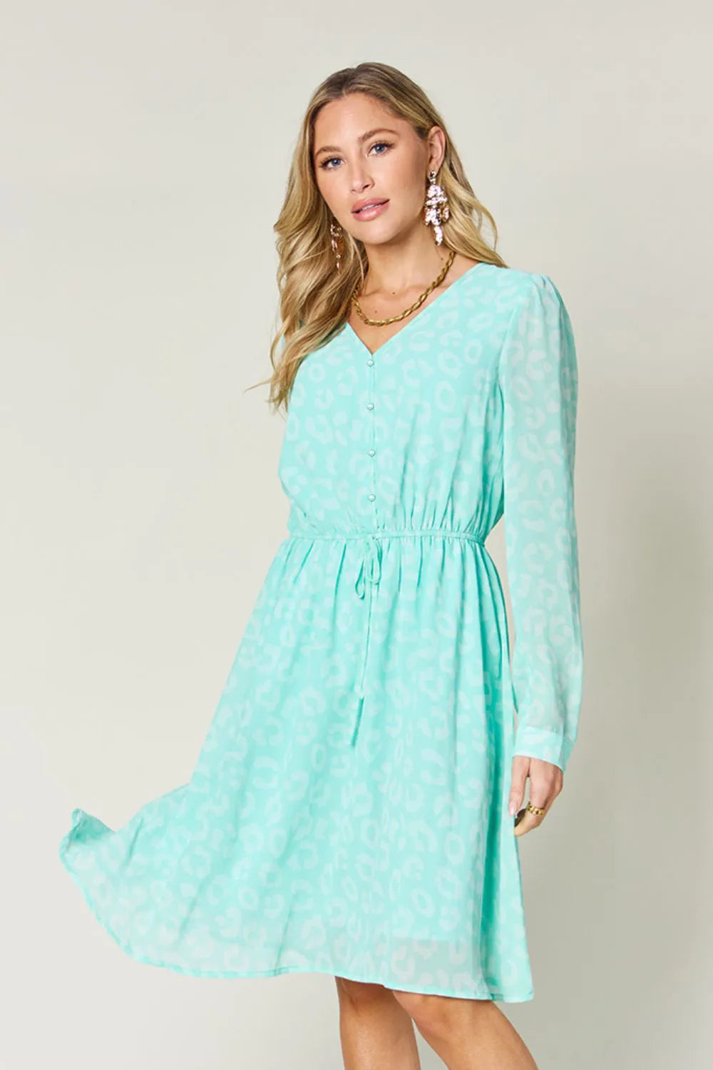Double Take Full Size Printed Ruched V-Neck Long Sleeve Dress 52a28fd5-6d4e-4274-84f8-13413b051e19-Max