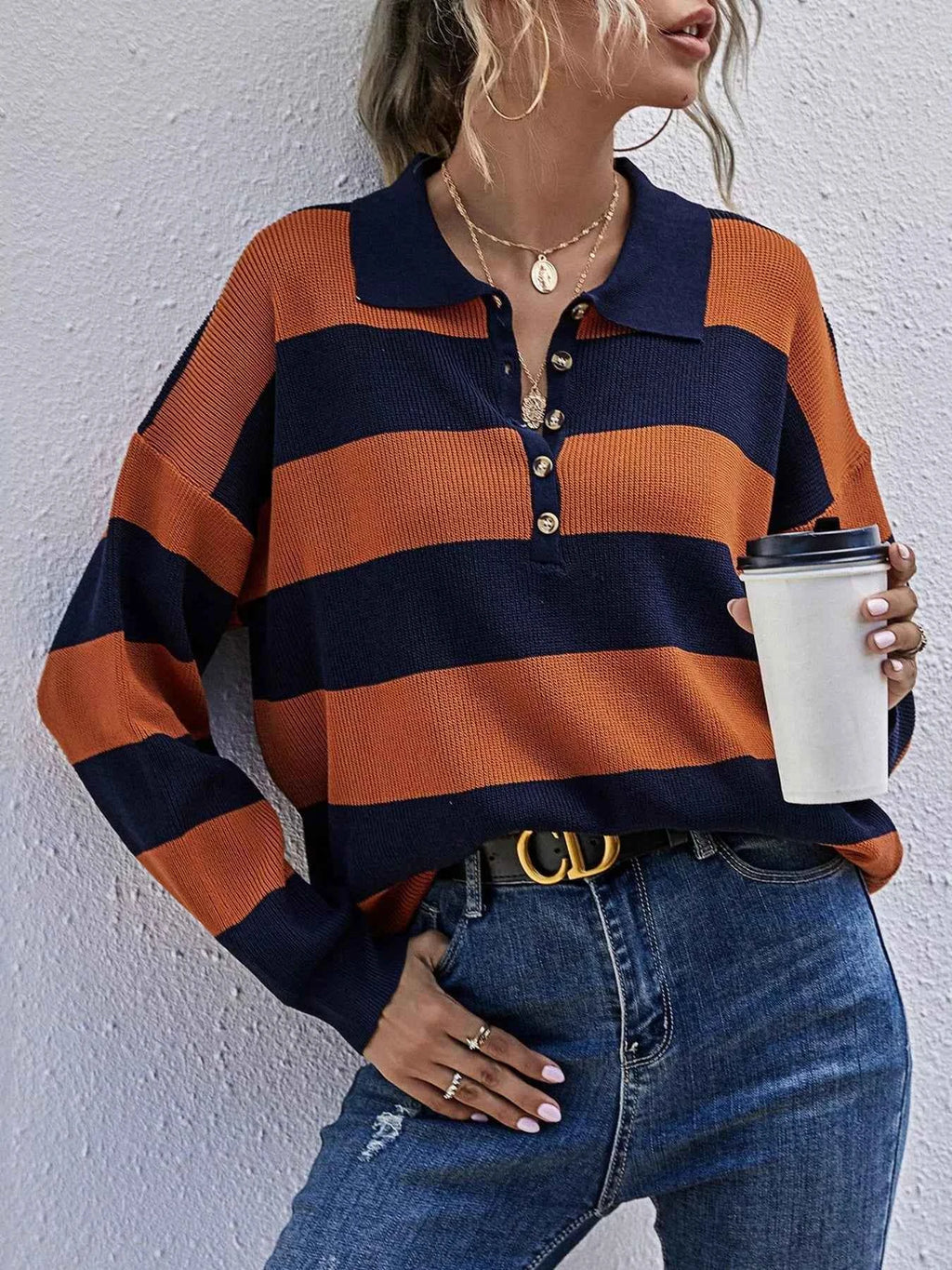 Striped Button Detail Dropped Shoulder Knit Top Orange Blue 52b7171f1bab4765b2a68d984a10a68a-Max-Origin