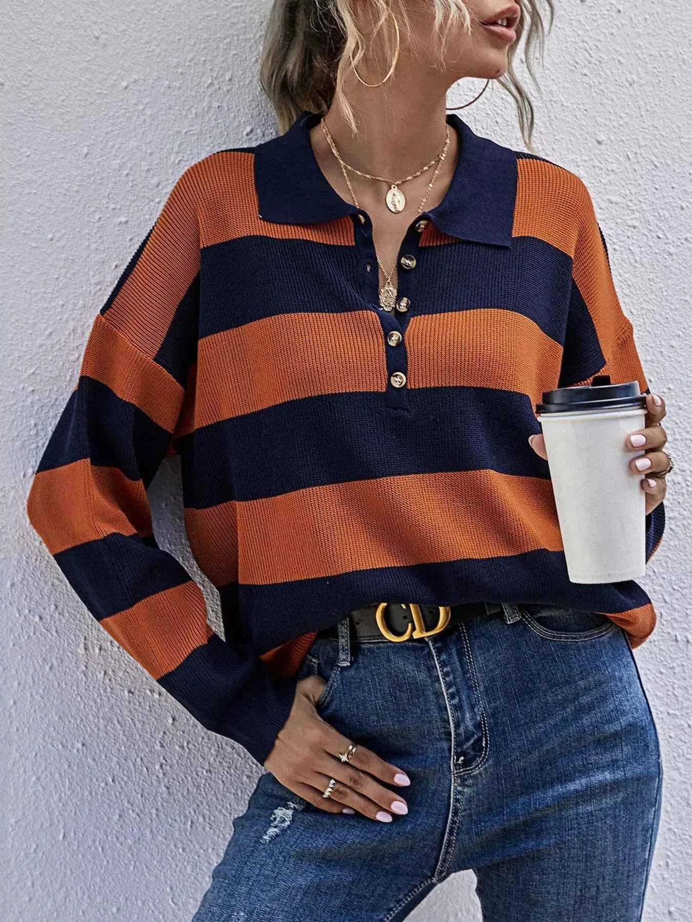 Striped Button Detail Dropped Shoulder Knit Top Orange Blue 52b7171f1bab4765b2a68d984a10a68a-Max-Origin