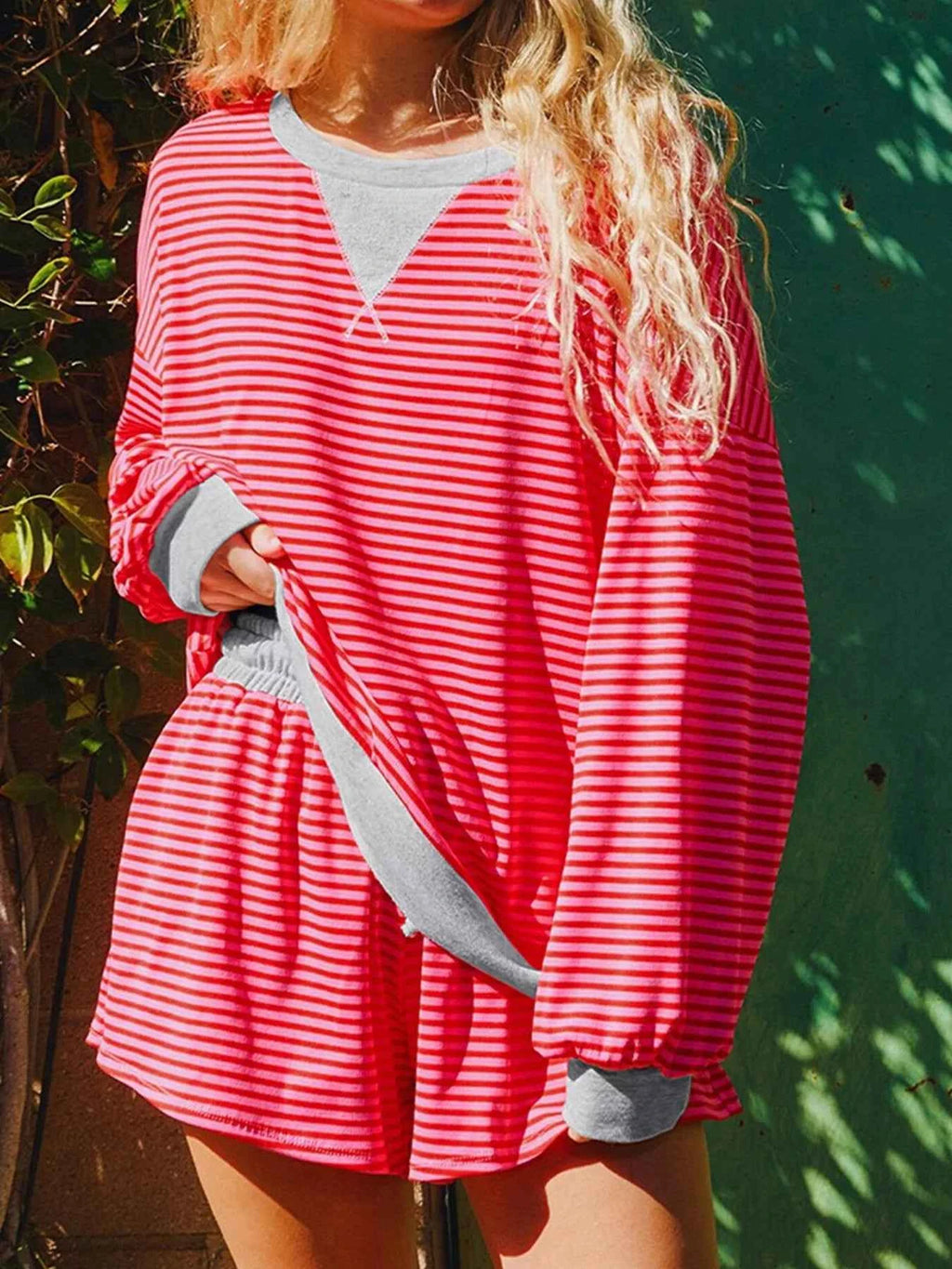 Stripe Drop Shoulder Baggy Top and Shorts Casual Set