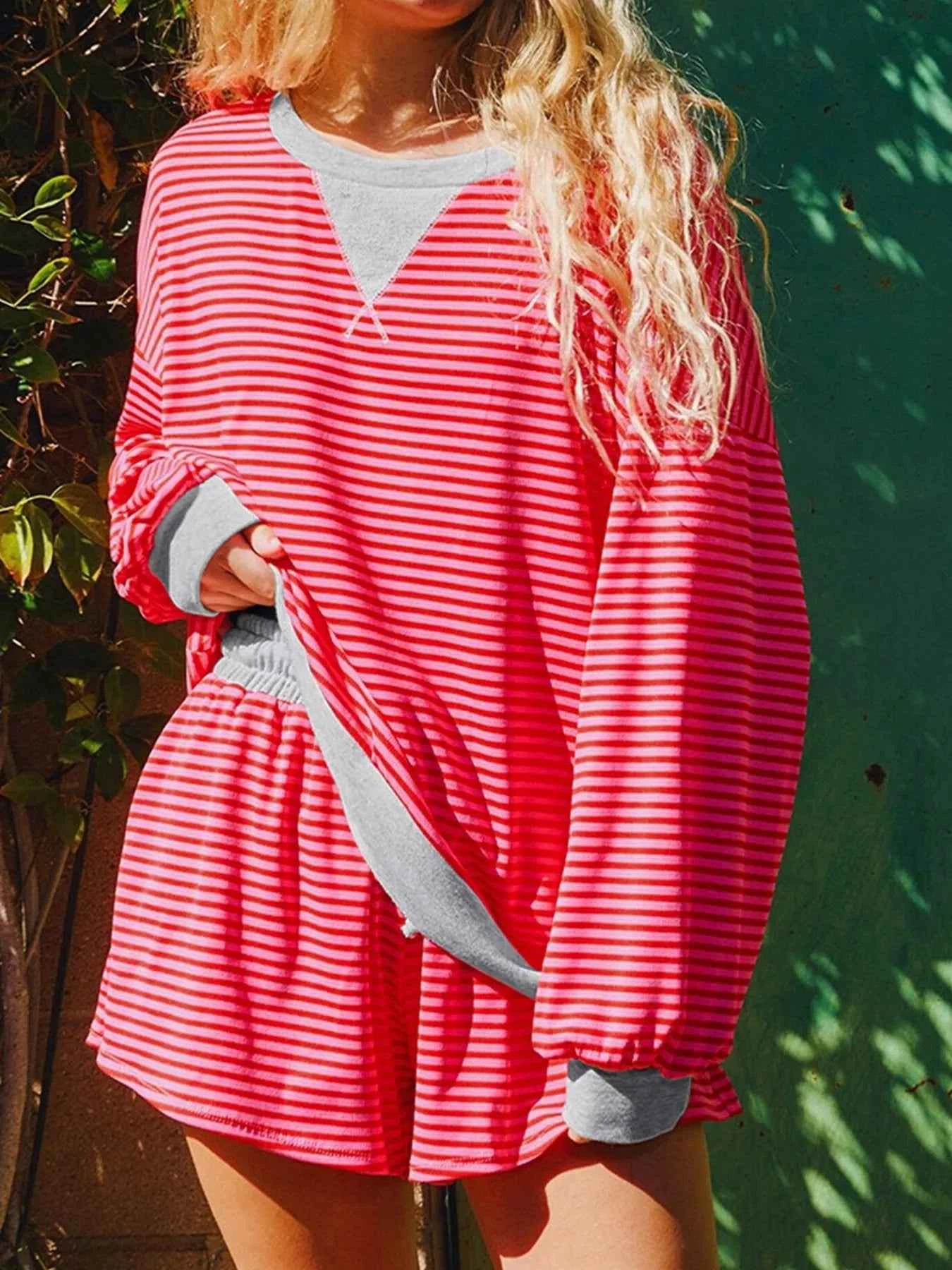 Stripe Drop Shoulder Baggy Top and Shorts Casual Set