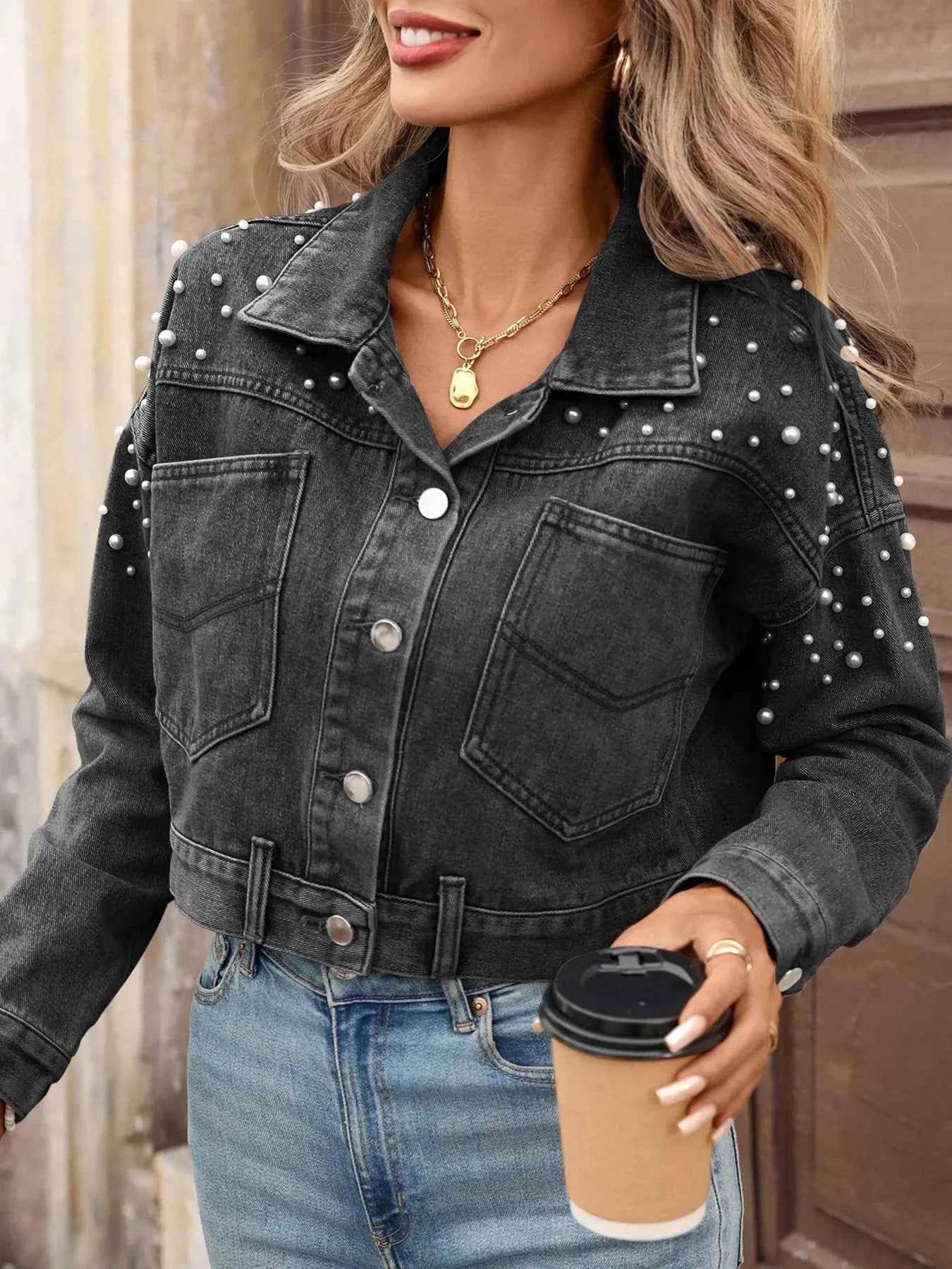Pearl Embellished Cropped Denim Jacket 52be629e4f5044c0a1690373f6ca6c08-Max-Origin
