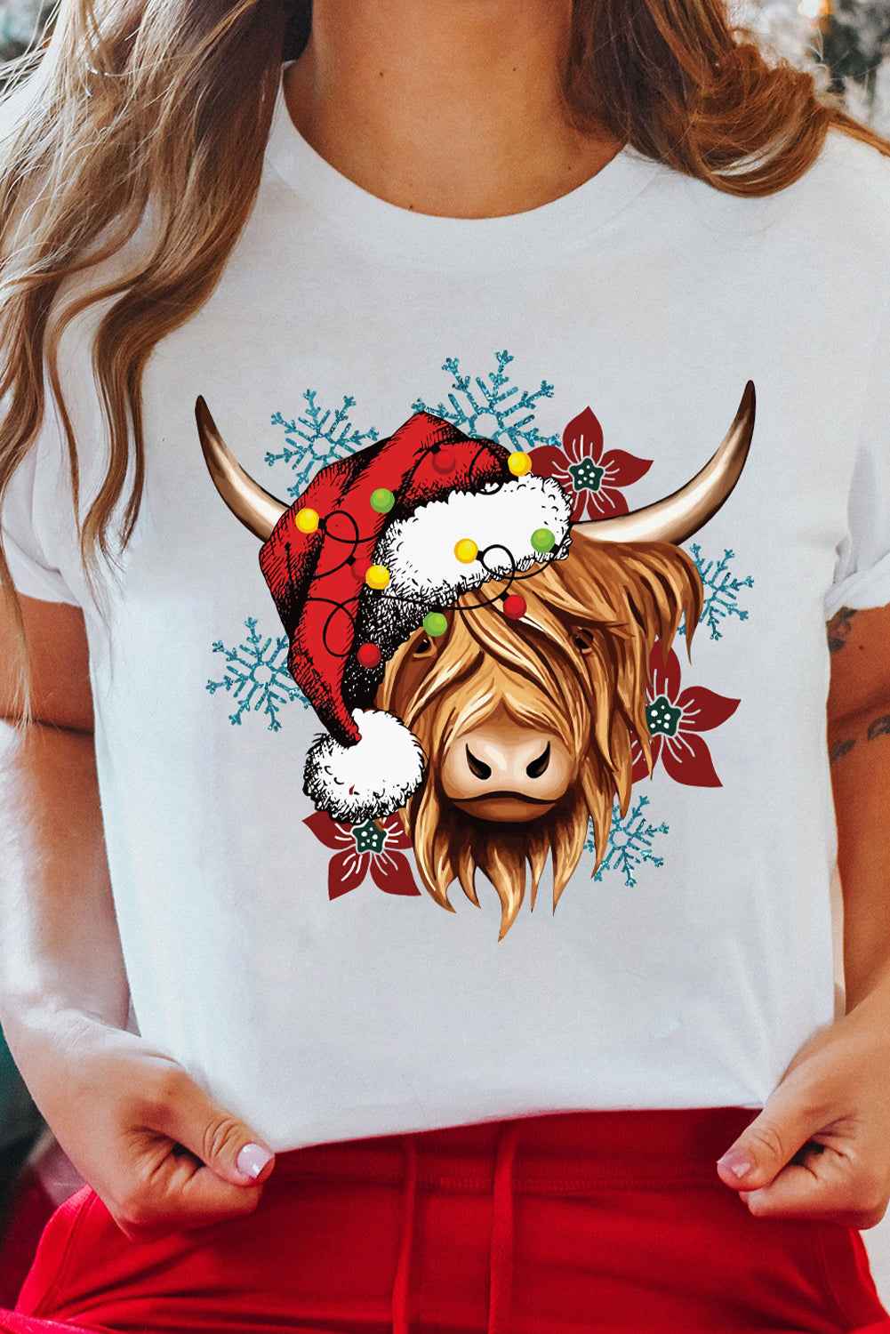 White Christmas Highland Ox Snowflake Print Womens T Shirt 52c062db2196019f