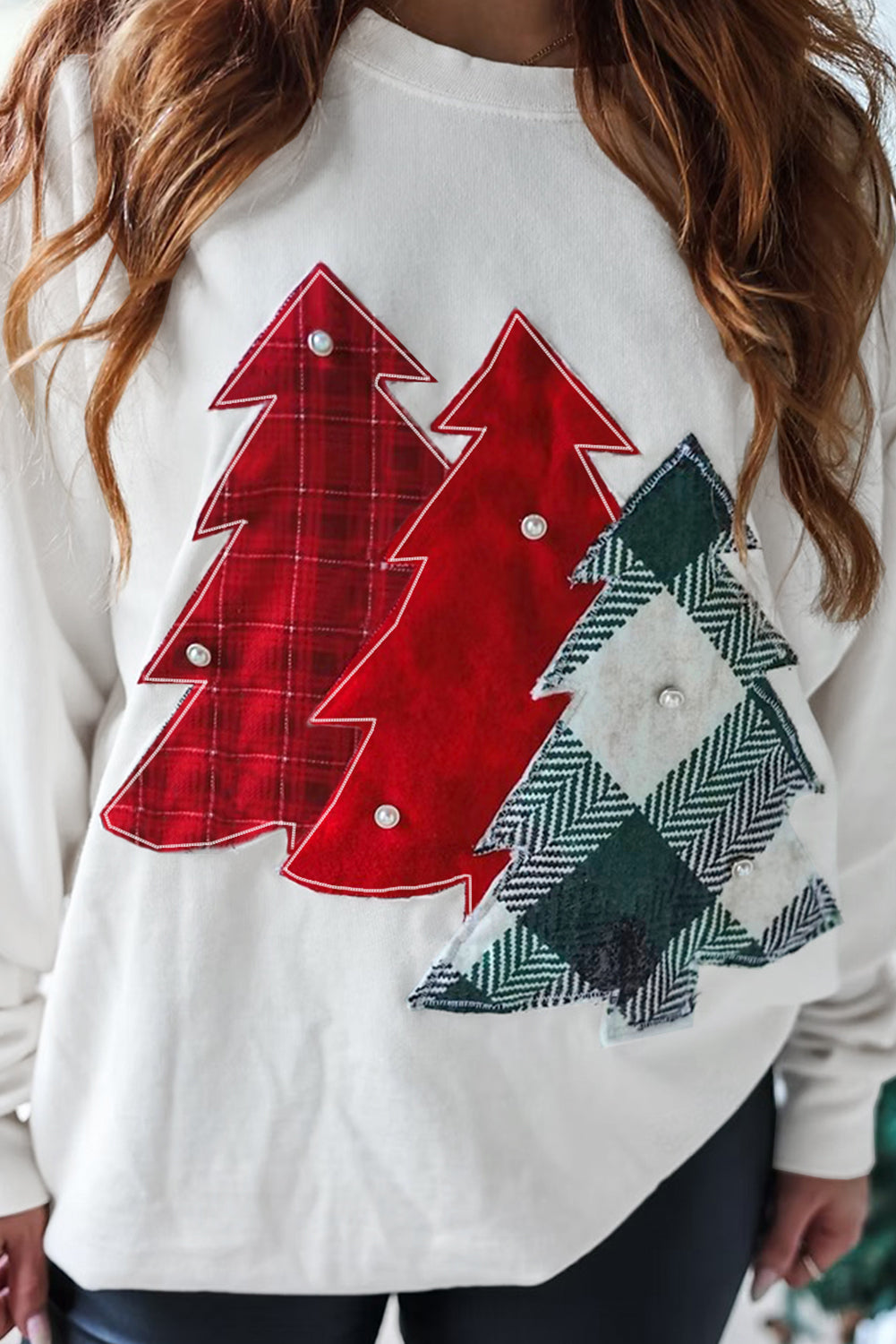 White Pearl Plaid Christmas Tree Patched Drop Shoulder Sweatshirt 52c14c1d5be7a360