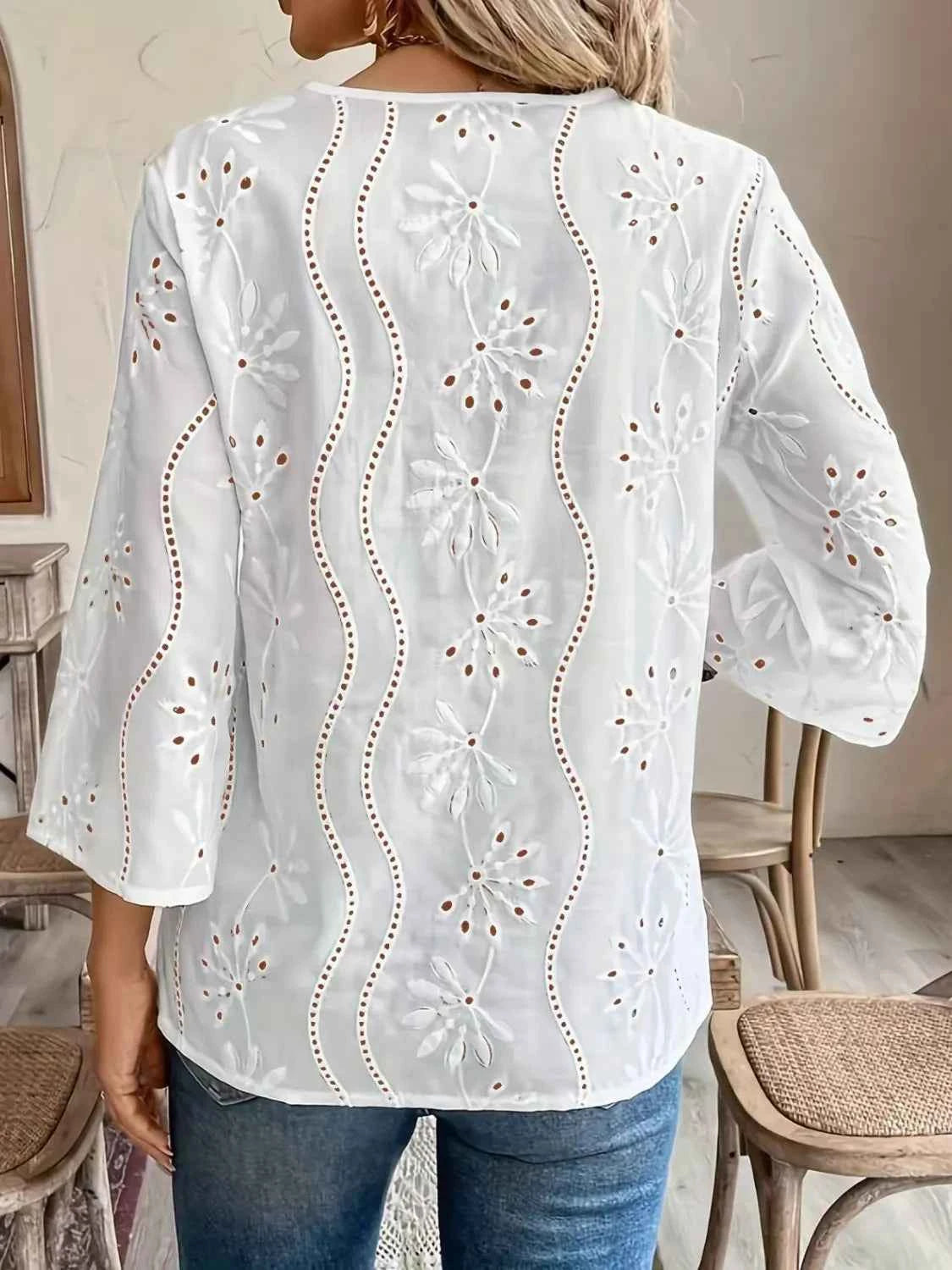 Eyelet Notched 3/4 Sleeve Blouse 52ca5cd4-23ef-4aee-953c-c0af52af1bf5-Max-Origin
