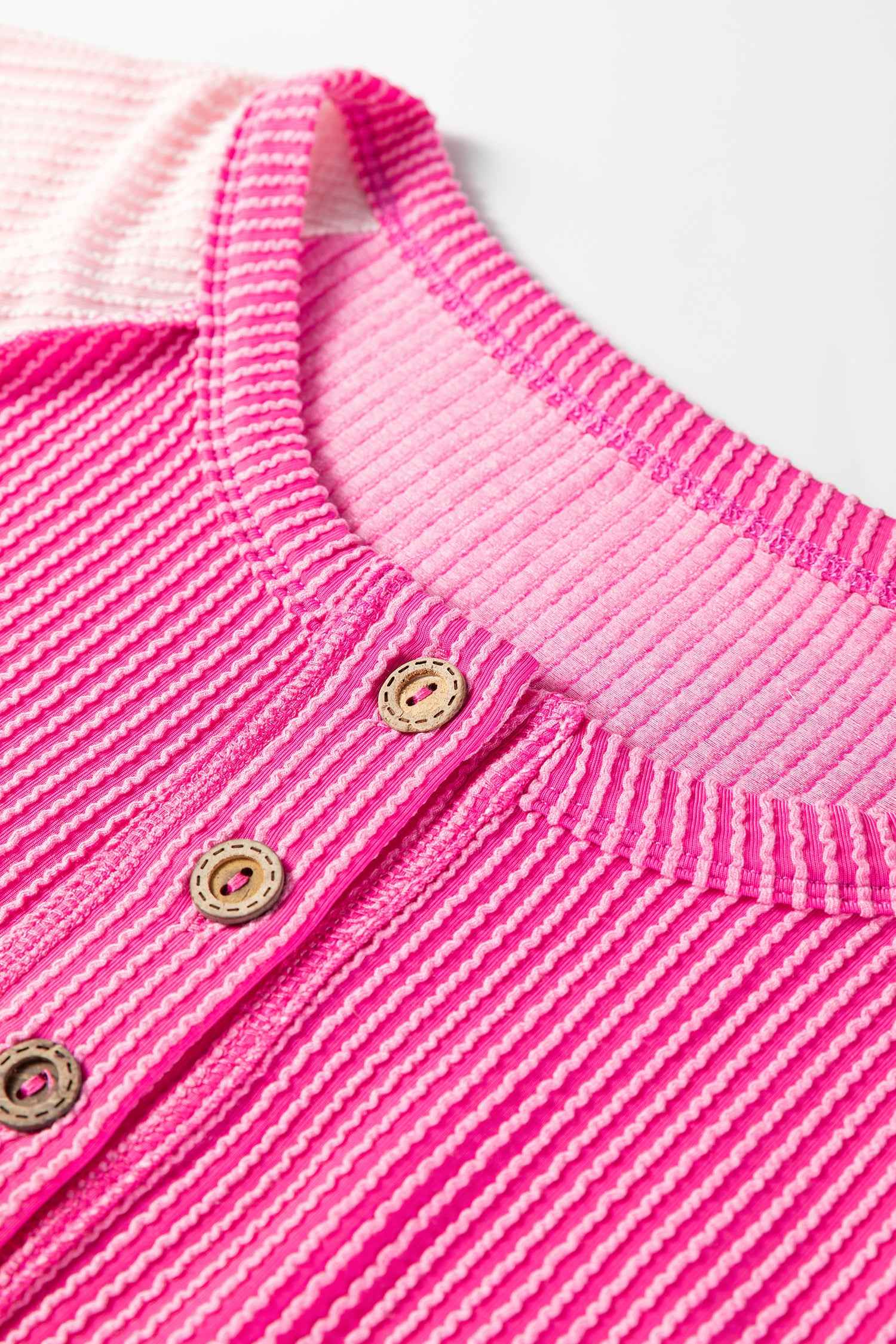 Bright Pink Twisted Ribbed Color Block Patchwork Henley Short Sleeve T Shirt 52cd1481cb42526a