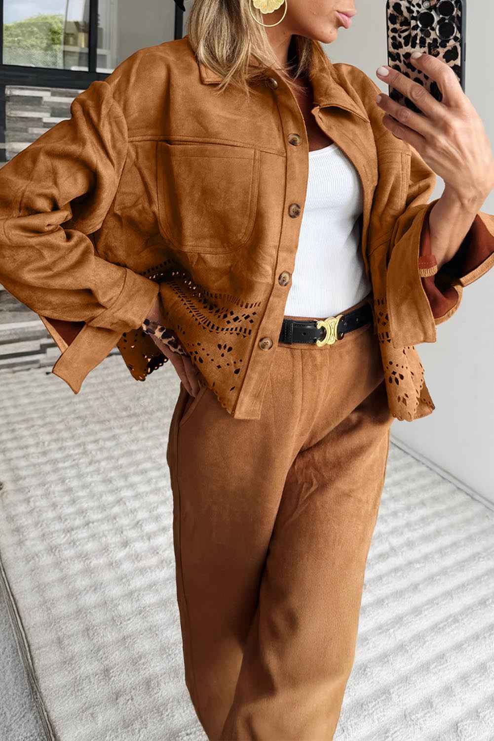 Thai Curry Solid Color Faux Suede Hollowed Detail Retro Style Jacket Thai Curry 95%Polyester+5%Elastane 52cef95631b60f0a