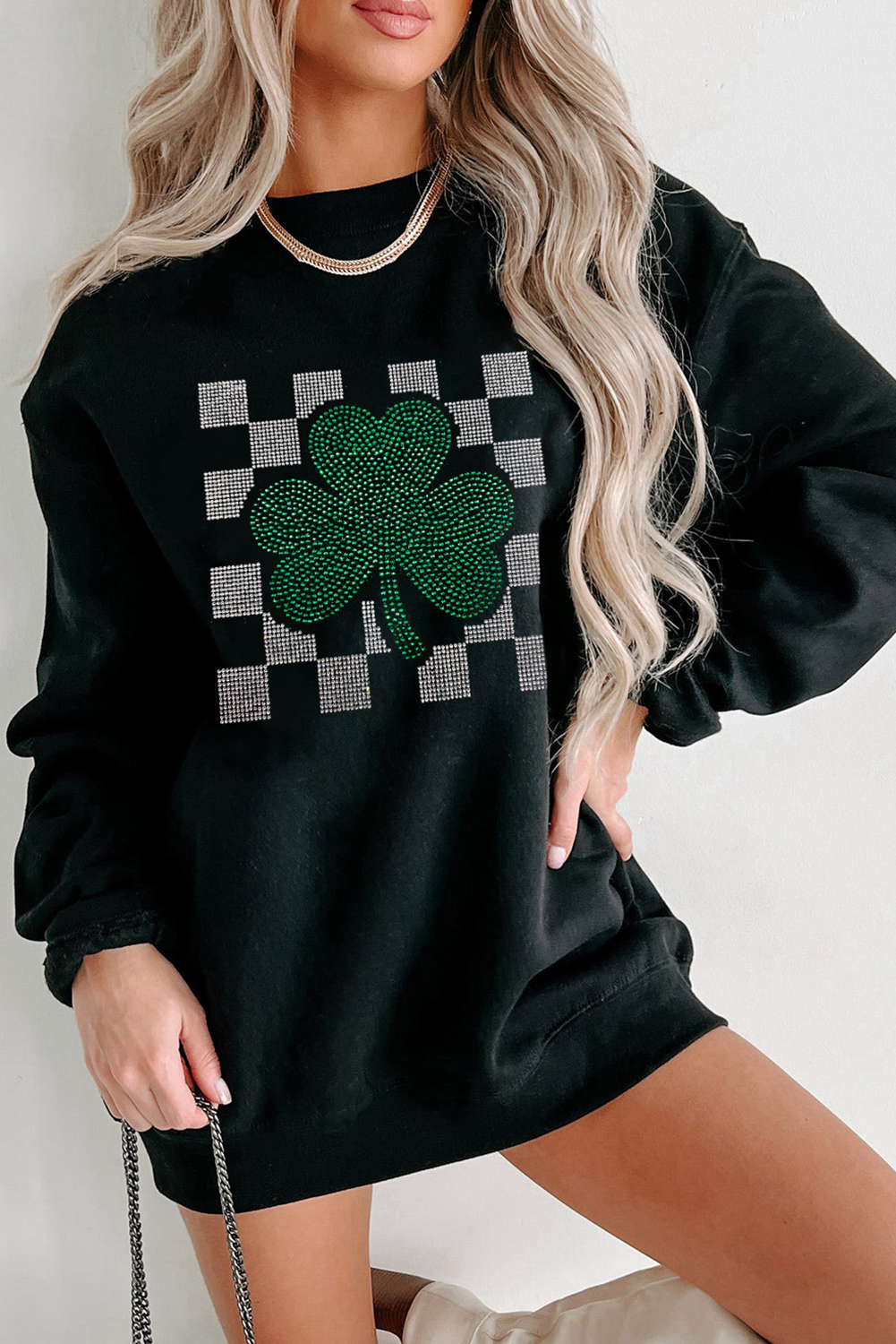 Black Rhinestone Checkerboard Clover Graphic St Patrick Sweatshirt Black 50%Polyester+50%Cotton 52d4f0669ef5c8d8