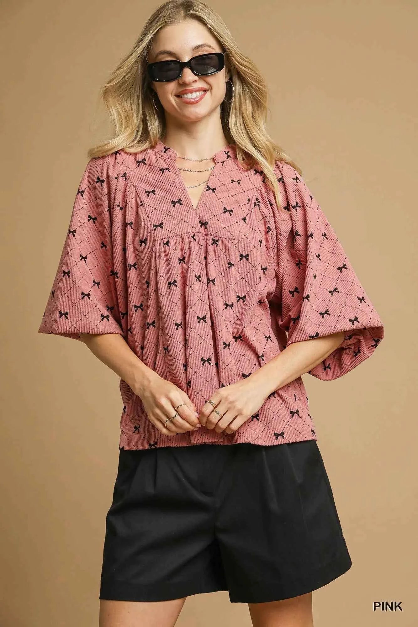 Umgee Corduroy Bow Print Balloon Sleeve Blouse Pink 52db9232-0fd0-476a-9af9-261e7fe580bc-Max-Origin
