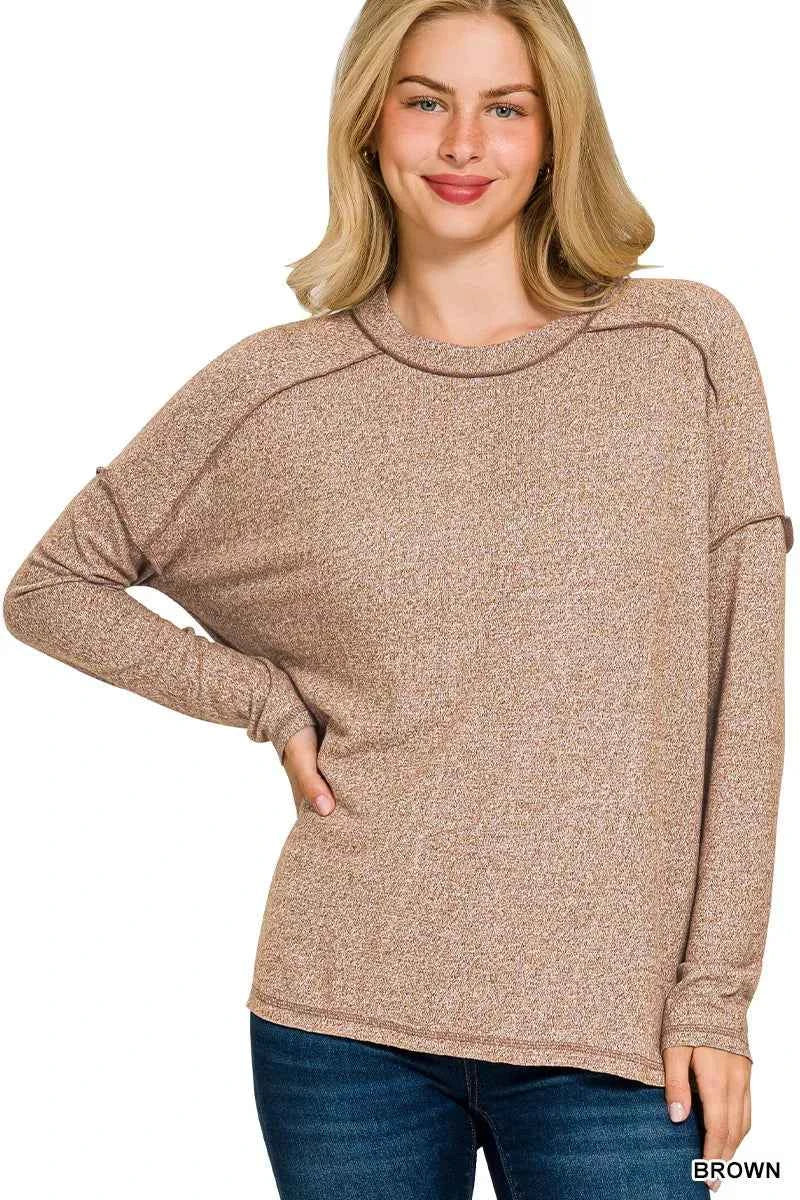 Zenana Full Size Melange Hacci Exposed Seam Hi-low Tee Plus Size BROWN 52e14c625c384ae9a8a6fa0d3d53a60d-Max-Origin