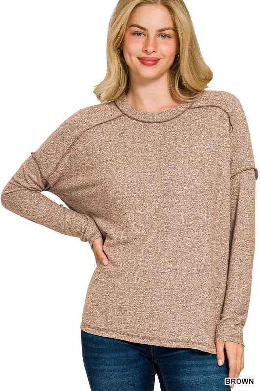 Zenana Full Size Melange Hacci Exposed Seam Hi-low Tee Plus Size BROWN 52e14c625c384ae9a8a6fa0d3d53a60d-Max-Origin