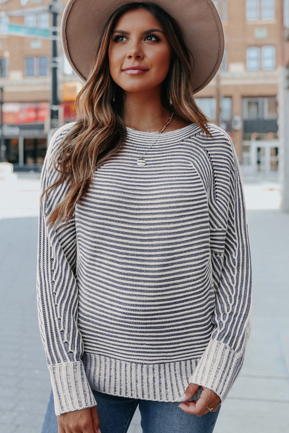 Black Striped Print Ribbed Knit Raglan Sleeve Baggy Sweater 52e43e59b3316bbd