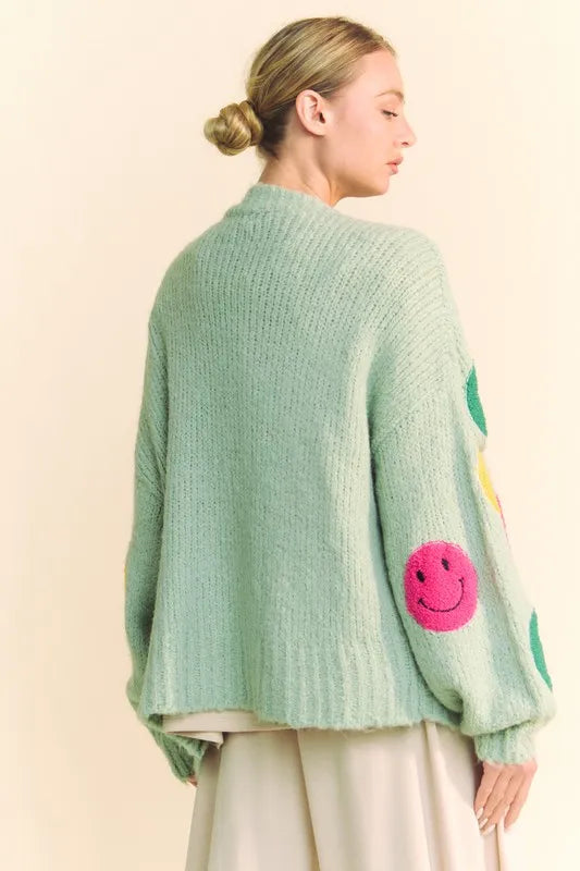Davi & Dani Fuzzy Smile Open Front Long Sleeve Cardigan 52ec8cce-adbc-490a-b85e-e0b09204c091-Max