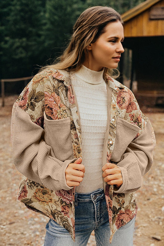 Khaki Floral Waffle Knit Patchwork Chest Pockets Buttoned Jacket 5304a81afe56a1e6