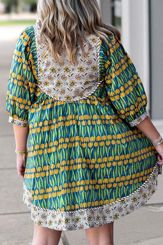 Green Plus Size Mixed Floral Print Striped Trim Loose Mini Dress 5304bbd18d886dcd