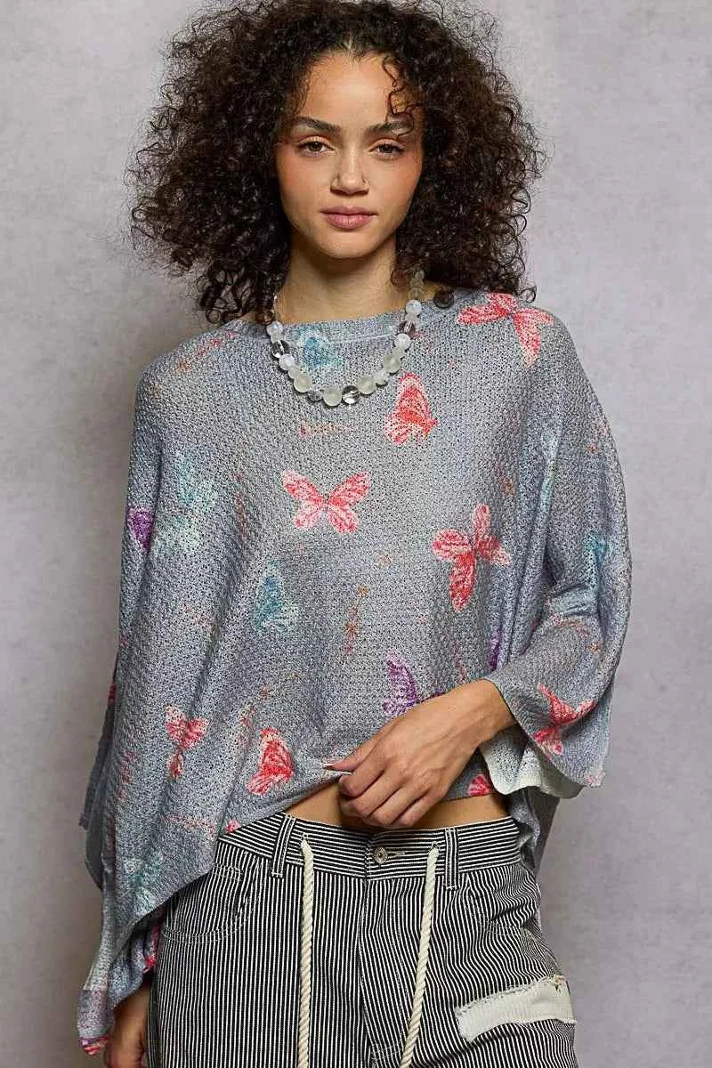 POL Butterflies Pattern Round Neck knit Top with Outseam Rolling Edge HEATHER GREY 53096850-fbd2-42b9-925f-502e202ca3e0-Max-Origin