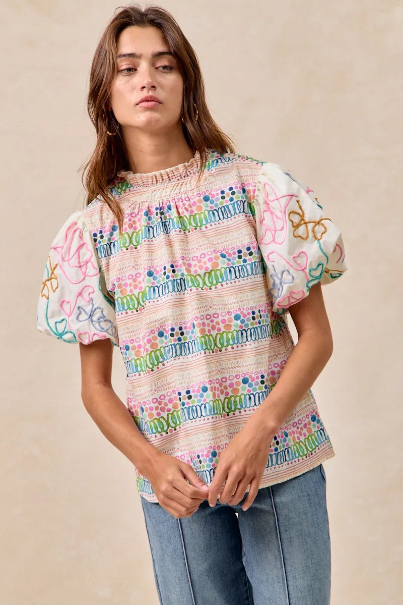 BiBi Ruffle Neckline Blouse With Embroidery Bubble Sleeve 53126404c2e04eadac1d781b0d80c881-Max-Origin