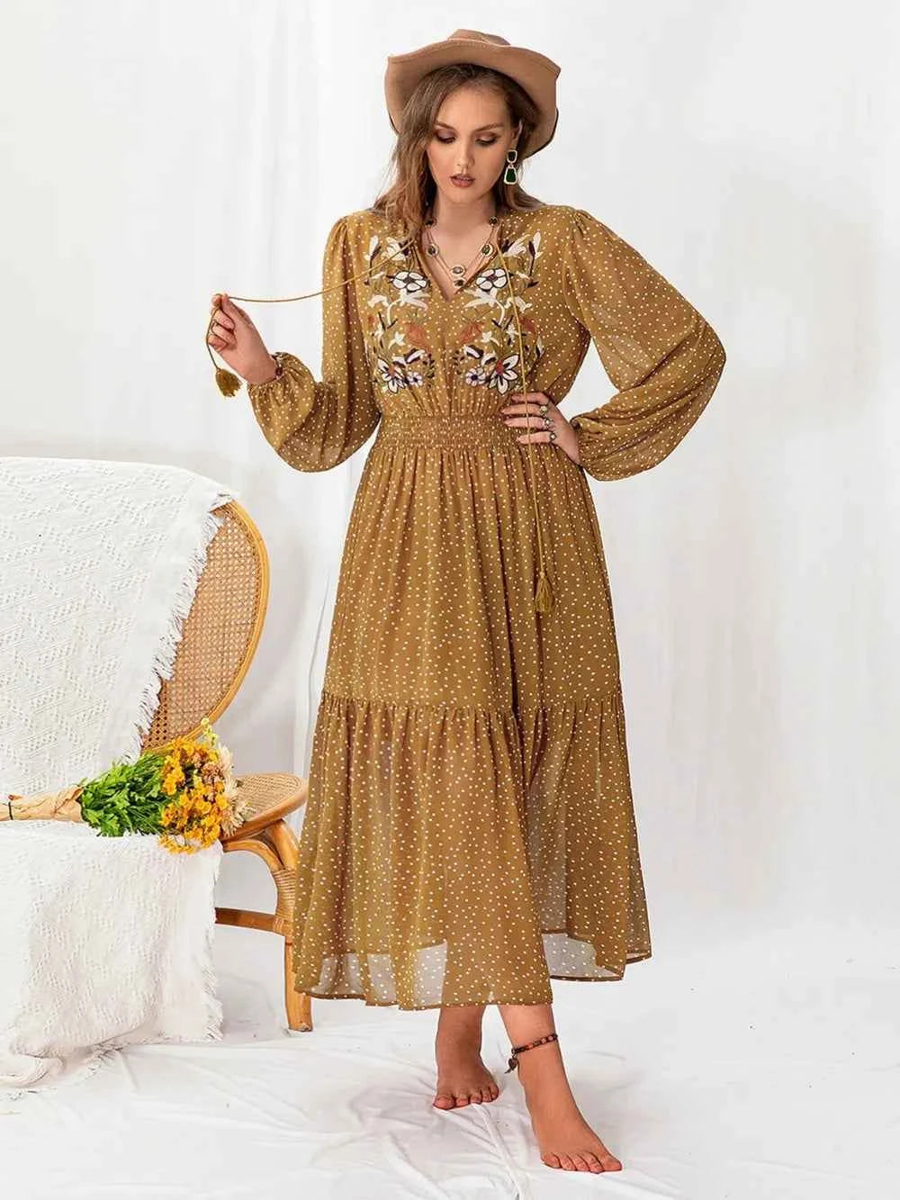 Plus Size Polka Dot Tie Neck Balloon Sleeve Maxi Dress Yellow-Green 5319eed0-25fb-4ac1-ae4a-8d776b99c677-Max