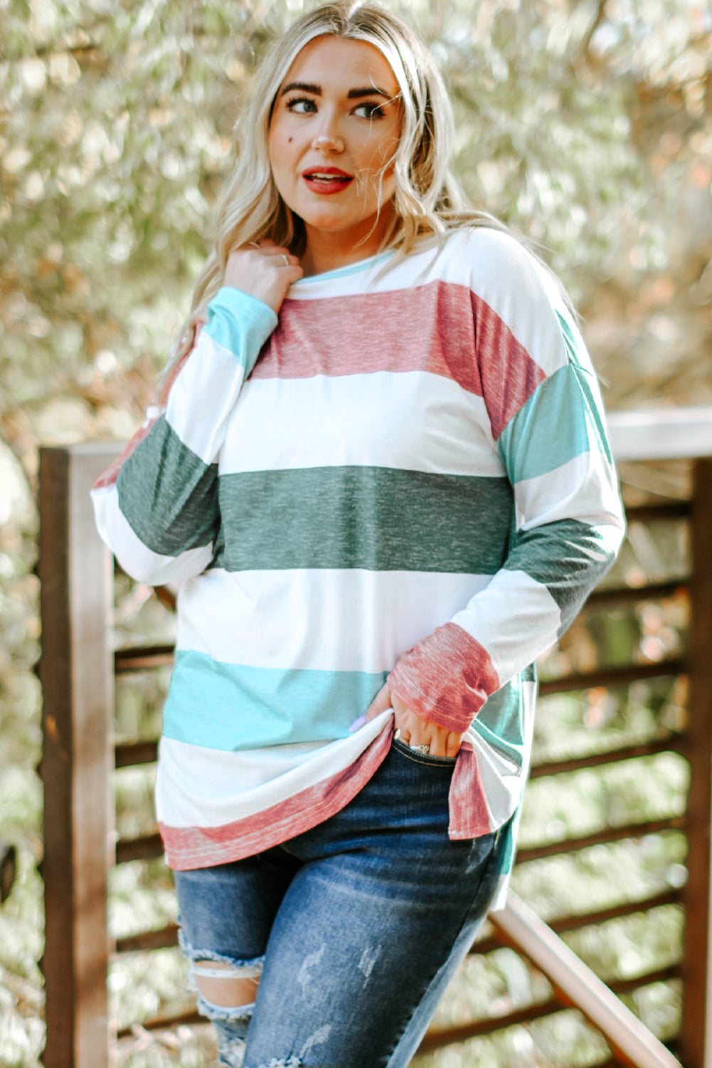 Green Plus Size Colorblock Pullover Top Green 95%Polyester+5%Elastane 531c7843e39b01ae