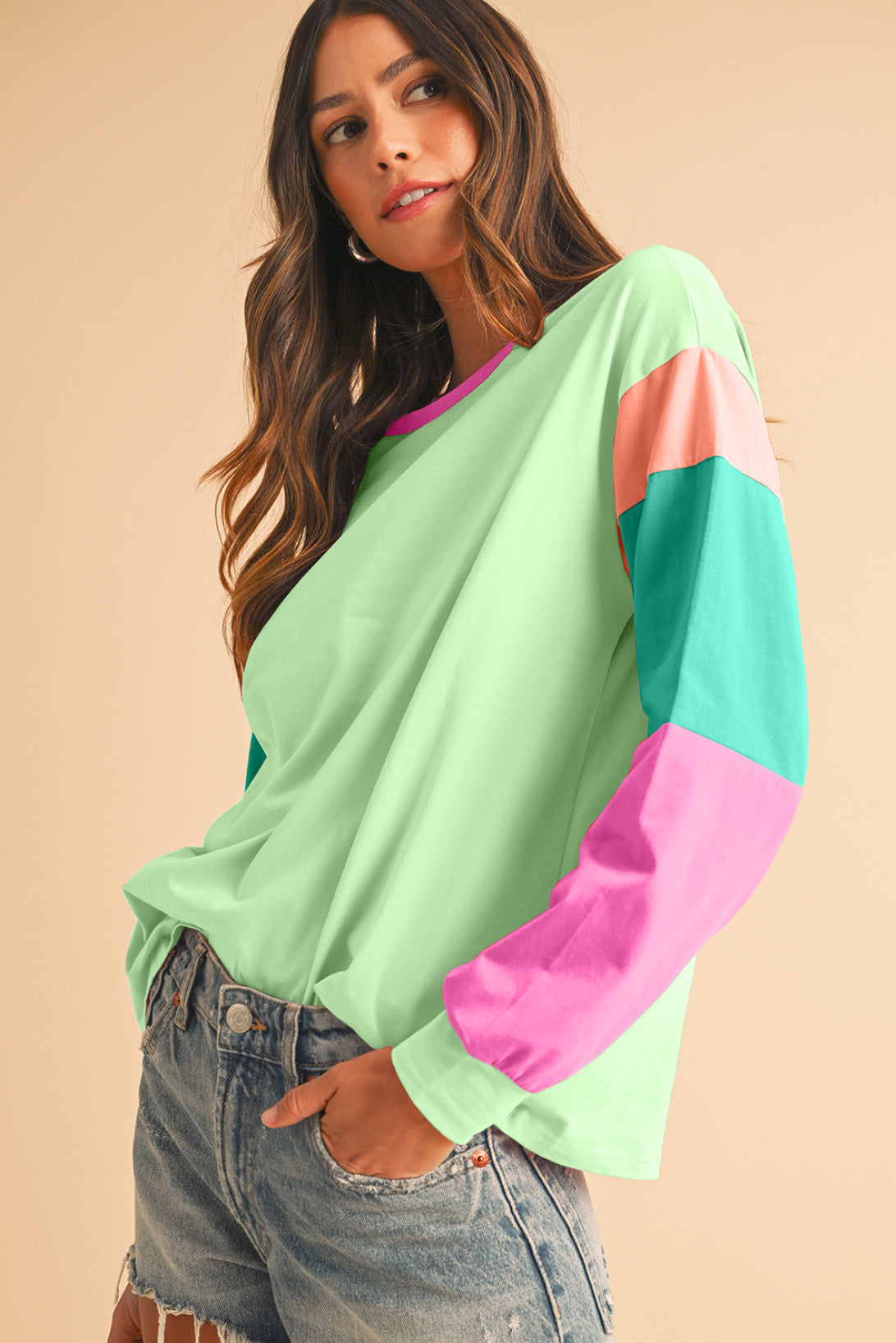 Green Color Block Sleeve Loose Fit Top 5326e44498f56b59