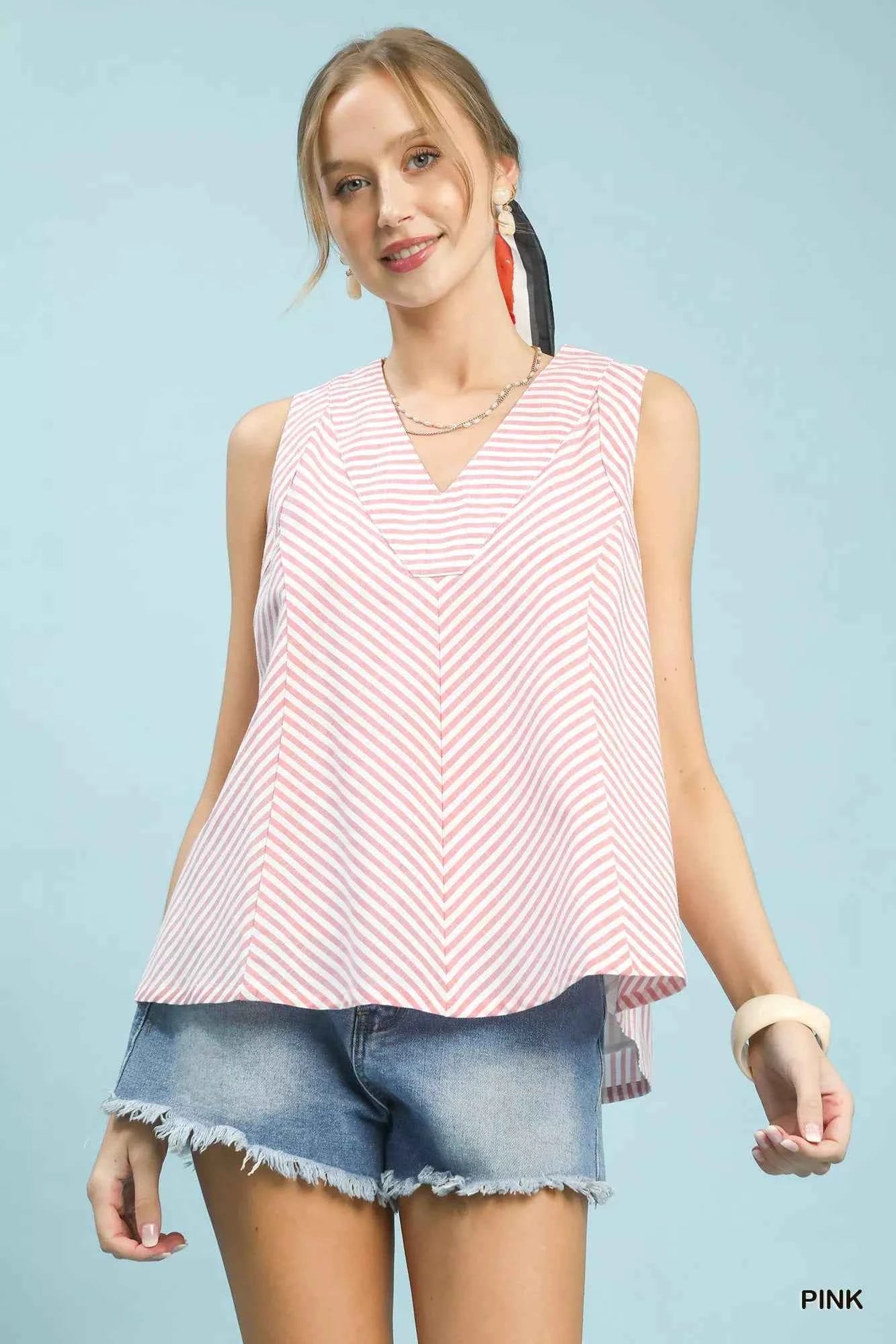 Umgee Mixed Stripe Sleeveless V-Neck Top PINK 5328b28c-f016-45f4-866e-a1fa0d074181-Max-Origin