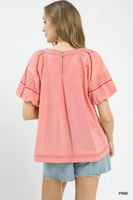 Round Neck Puff Sleeve Top with Contrast Stitch Detail 5329420f-69fd-488c-b64e-a4489ab40be7-Max-Origin