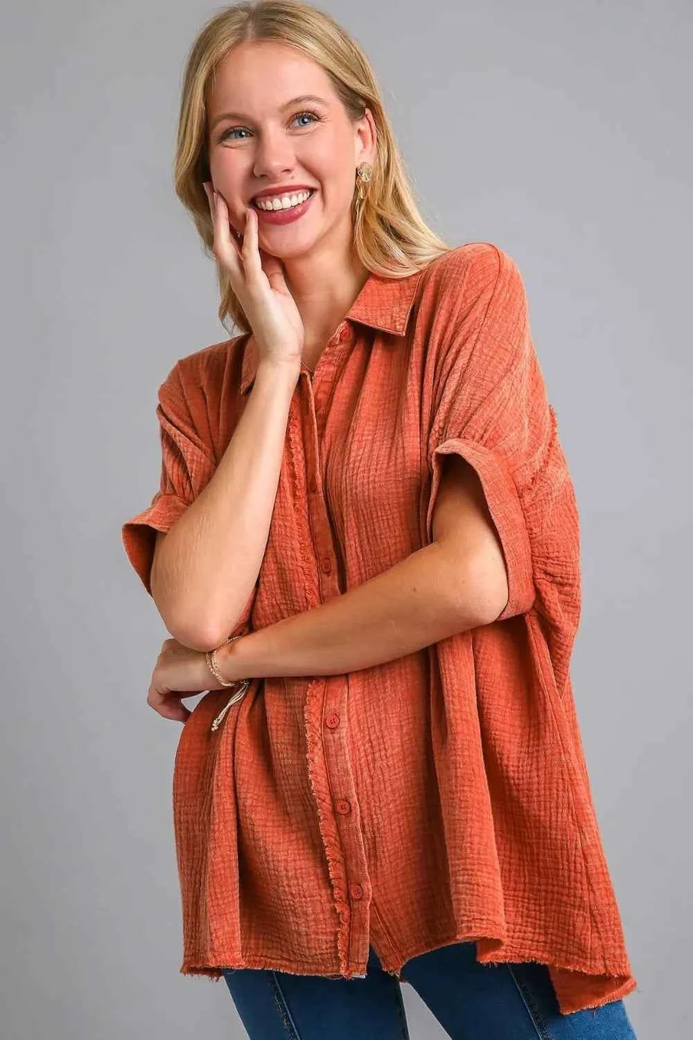 Umgee Full Size Cotton Gauze Mineral Wash Button Down Shirt Plus Size Orange-Red 532d46b2-5327-4b9d-9d4b-d99b5b9d6a88-Max