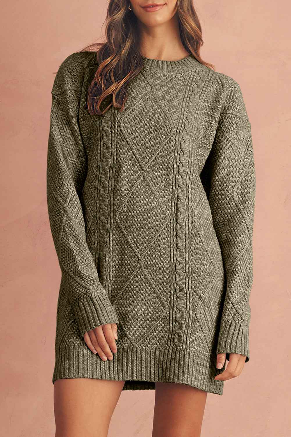 Oatmeal Cable Knit Drop Shoulder Loose Fit Sweater Dress 53322a192157f988