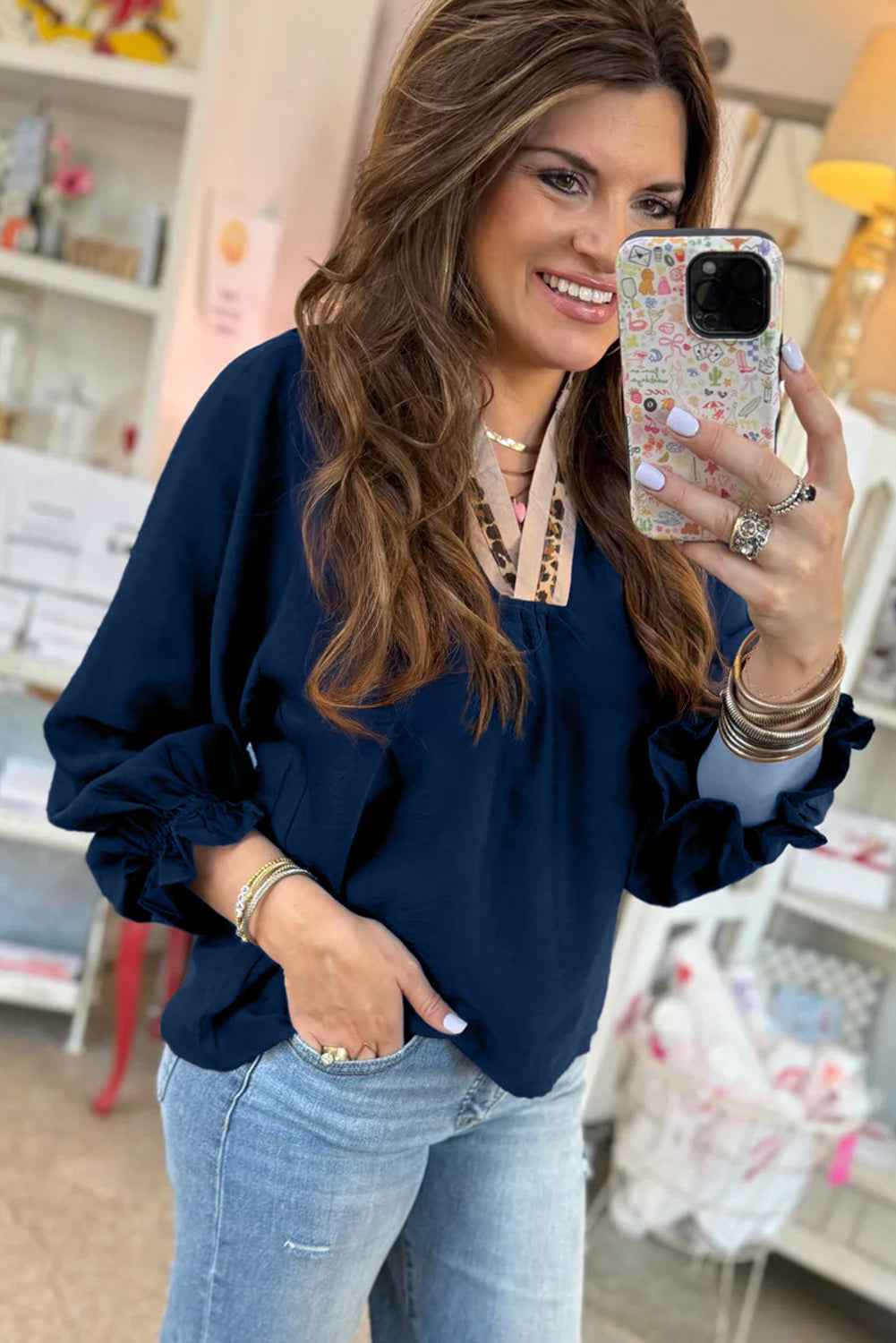 Dirty blue Leopard Trim V Neck Flounced Bracelet Sleeve Blouse 533254880e881cc6