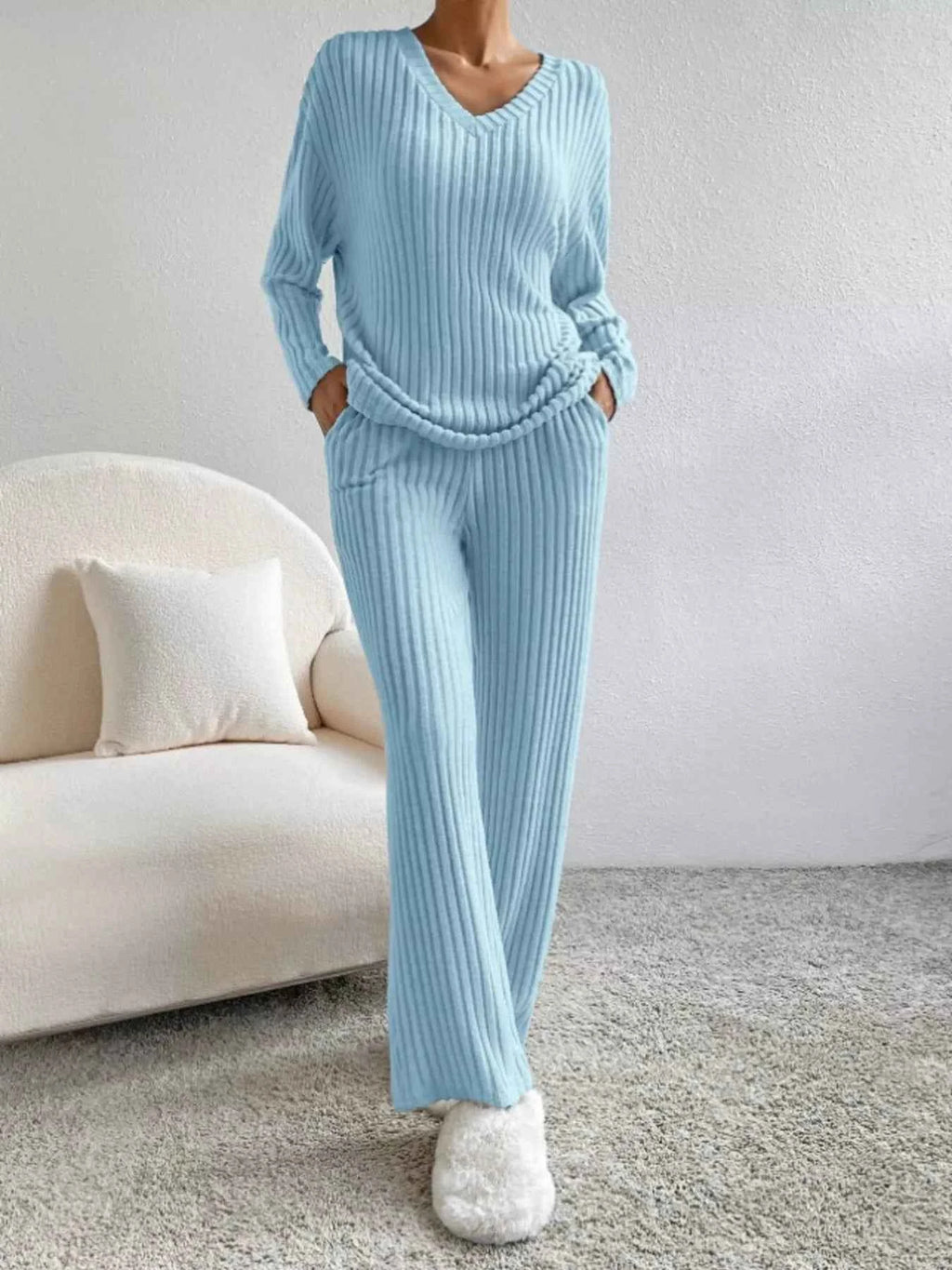 Ribbed V-Neck Top and Pants Set 53332e2843f04a4eac4ba2e9eec652bc-Max-Origin