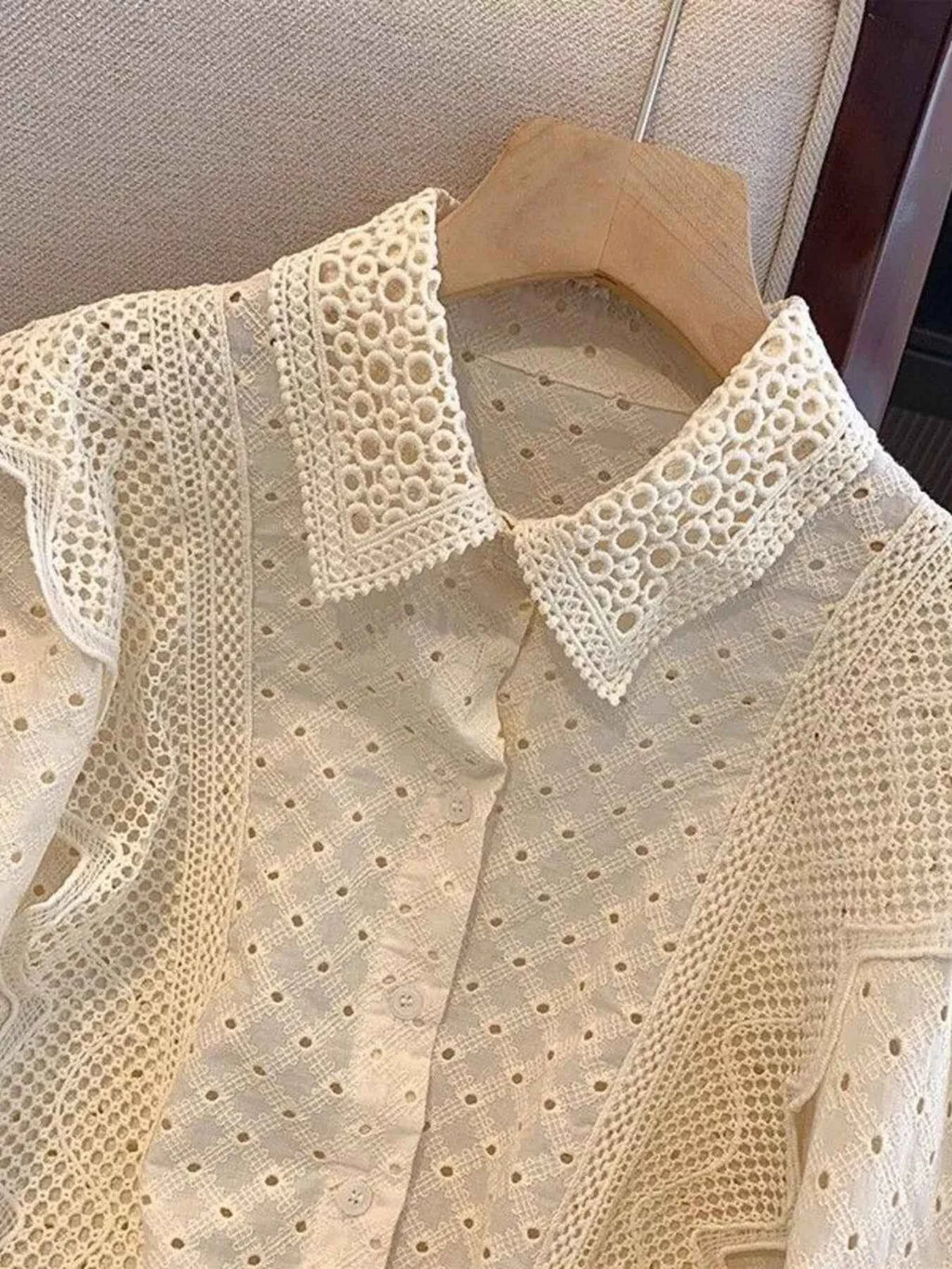 Eyelet Button-Up Shirt with Scalloped Hem 5335817ff2864b2689bfdb018b219ee2-Max-Origin