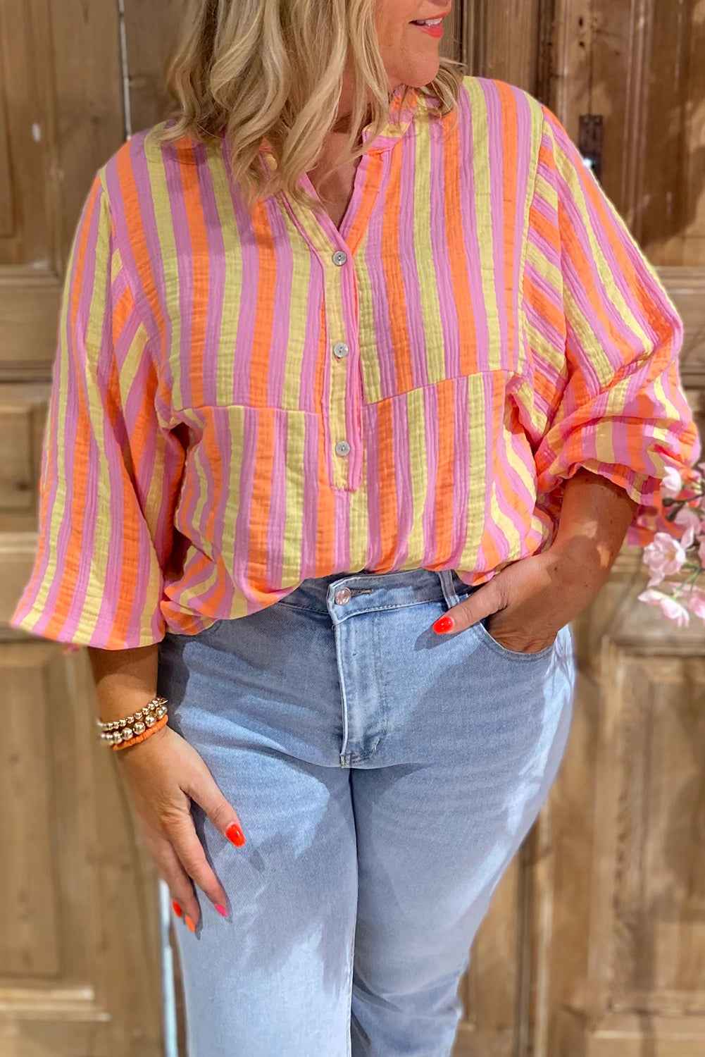 Pink Striped Crinkled Buttons V Neck Plus Size Blouse Pink Stripe 100%Cotton 5335c26ec2f9cf9f