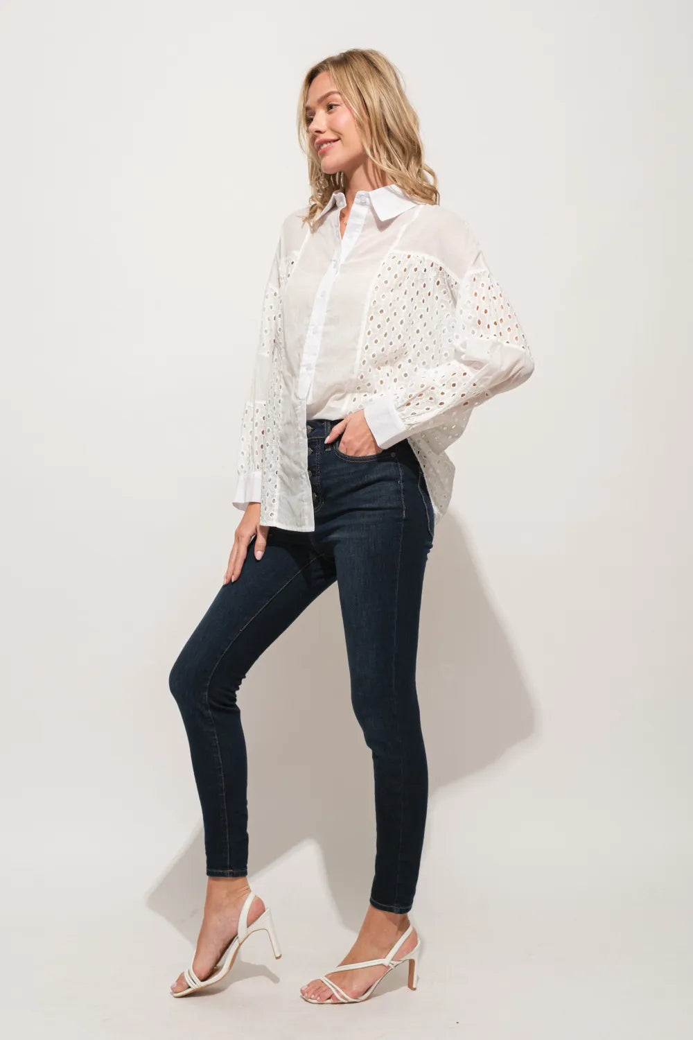 Eyelet Long Sleeve Button Down Shirt - 100% Cotton Opaque 533693ae-cc6a-491b-ac5c-c2aaac36c4cf-Max