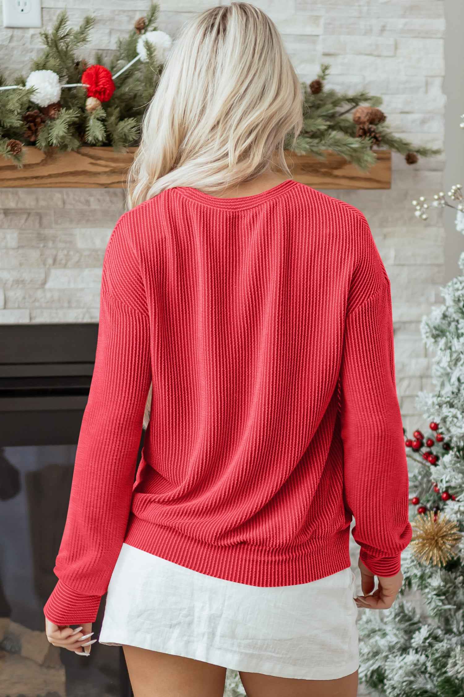 Racing Red Twisted Rib Outlined Merry Letter Graphic Loose Long Sleeve Top 53383660502df7d6