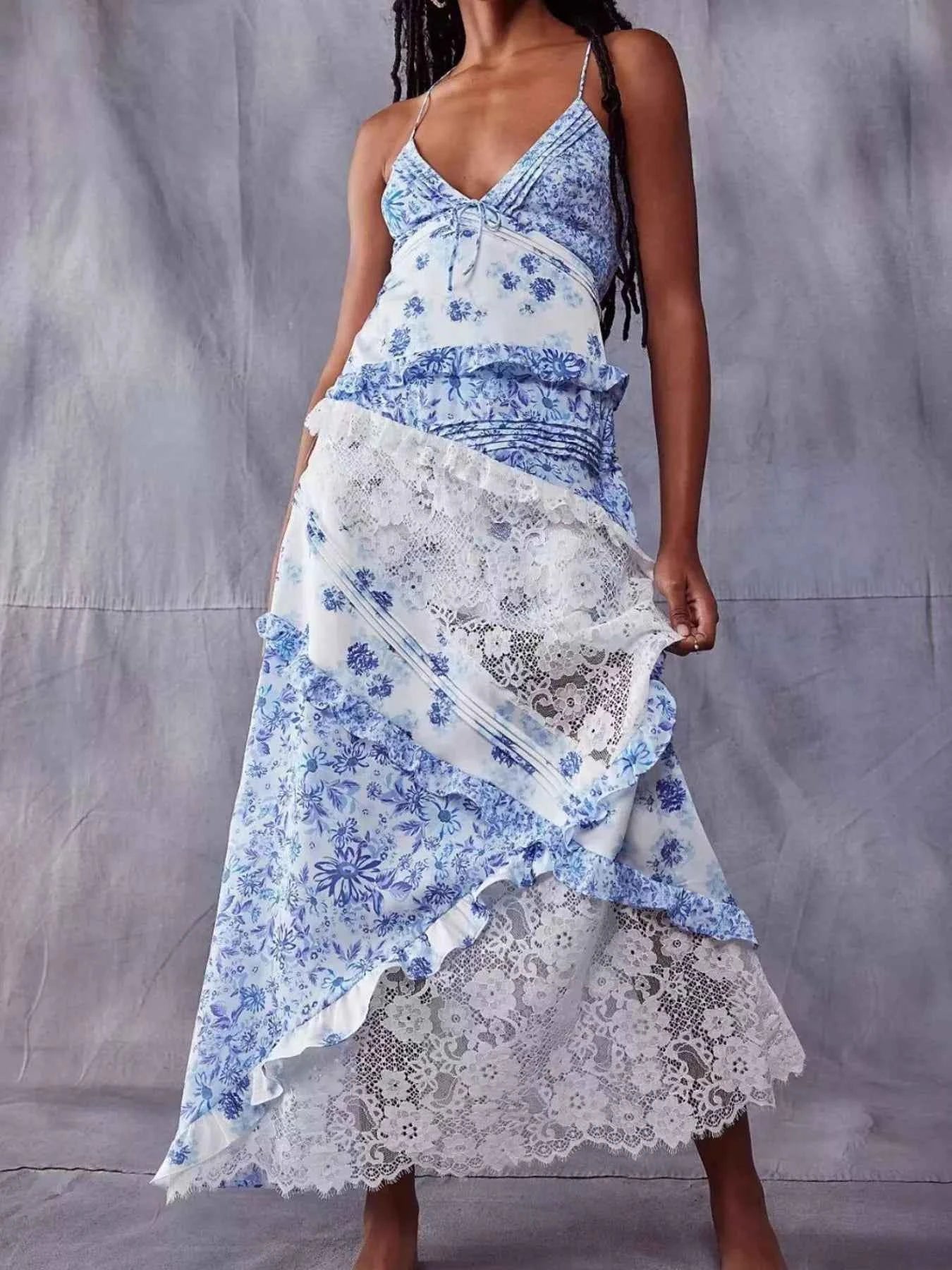 Lace Detail Ruffled Floral V-Neck Maxi Dress Blue 533fa07e-3bce-4ddf-9dd1-96895c13abe7-Max-Origin