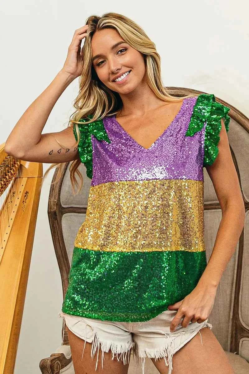 BiBi Mardi Gras Sequin Color Block Ruffled Top 53415da9708c465da1a5d19ec665ae71-Max-Origin