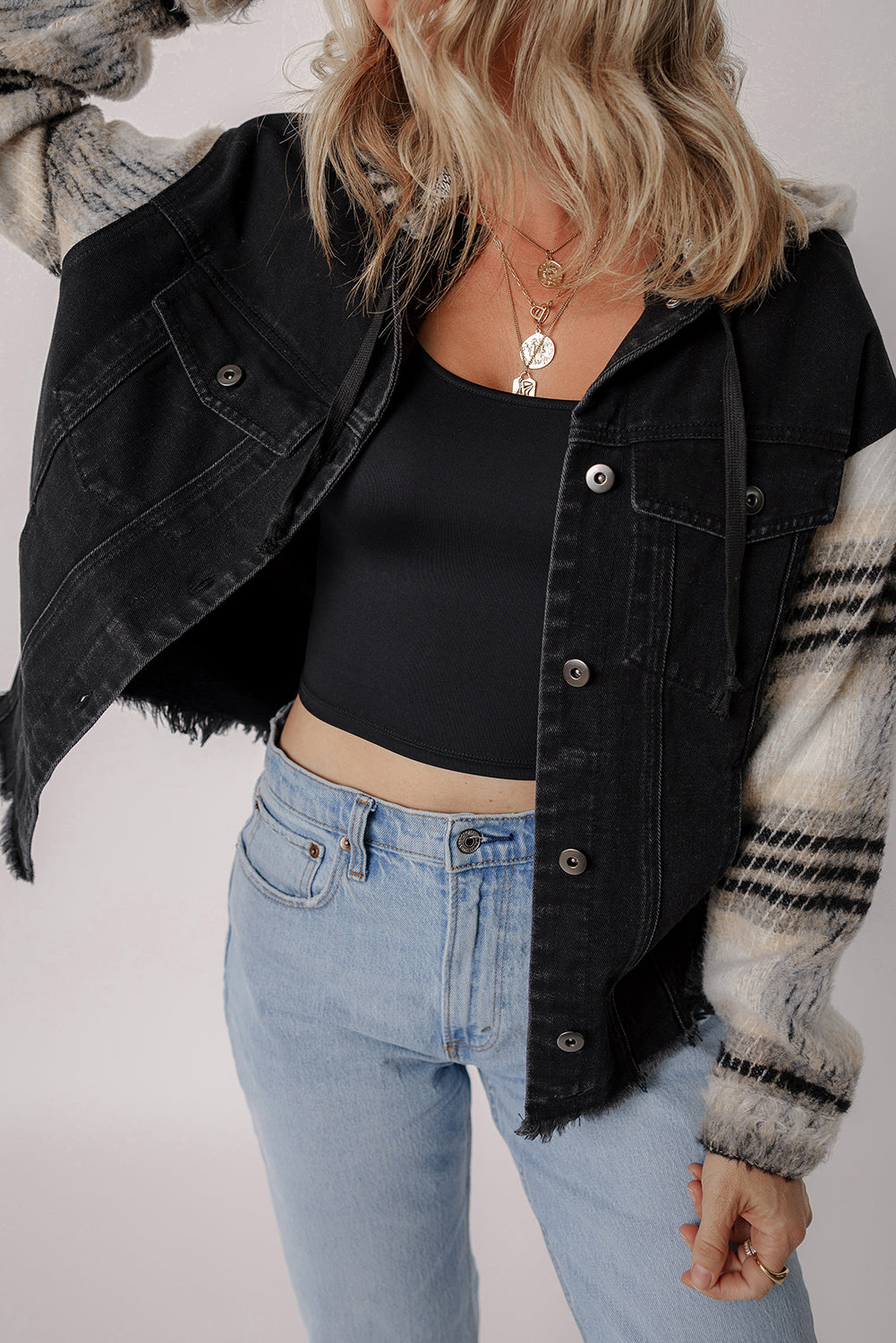 Black Patchwork Plaid Sleeve Frayed Hem Hooded Denim Jacket 5342774cef649427