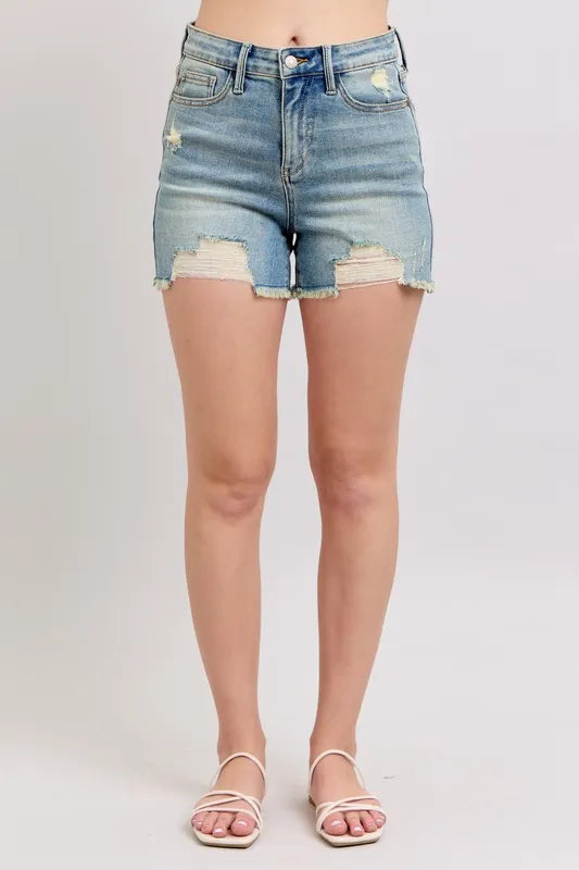 Judy Blue Full Size High Rise Washed Fly Stitch Detail and Destroy Denim Shorts Plus Size 534b81e4161e4e4391f2e4dc54e366a1-Max-Origin