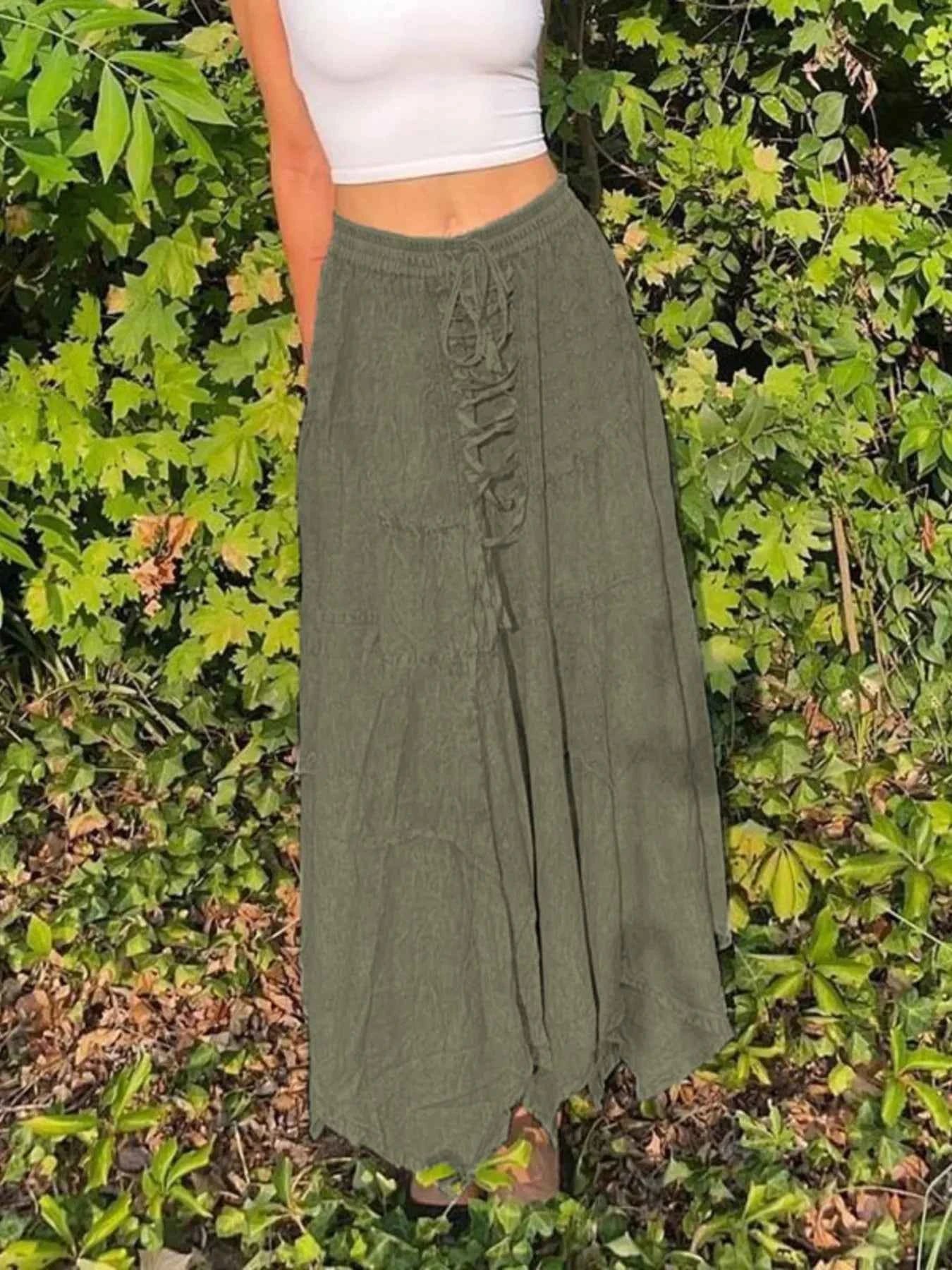 Asymmetrical Hem Midi Skirt with Drawstring Waist 53532564989841e5984a1d9790e4684c-Max-Origin
