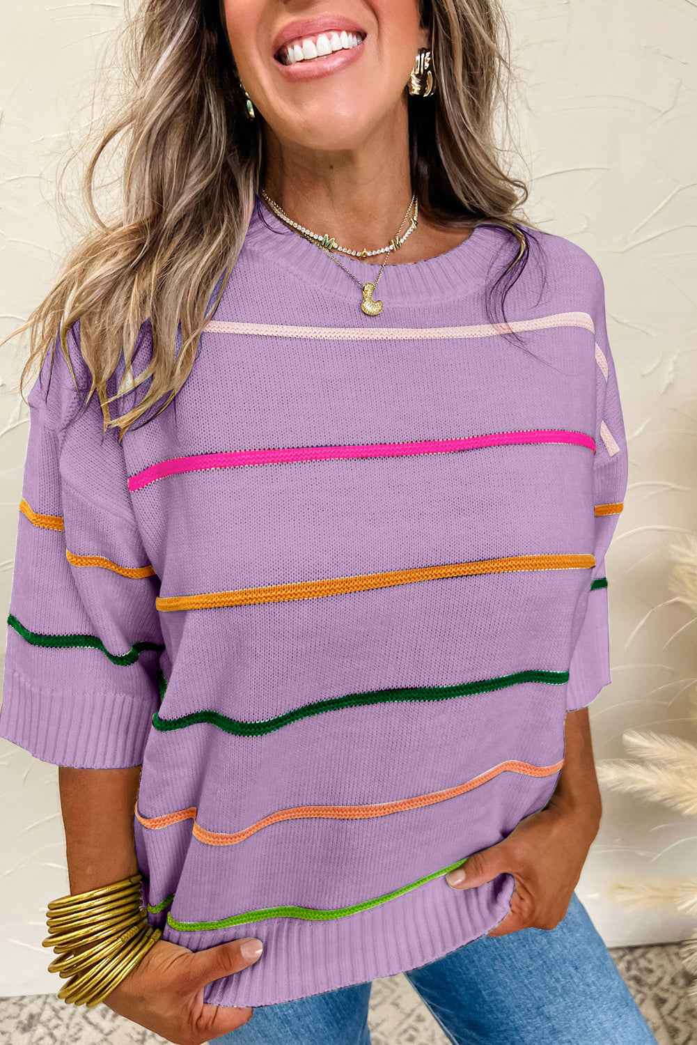 Orchid Petal Striped Half Sleeve Drop Shoulder Sweater Orchid Petal 50%Viscose+28%Polyester+22%Polyamide 535a64d56e588ad6